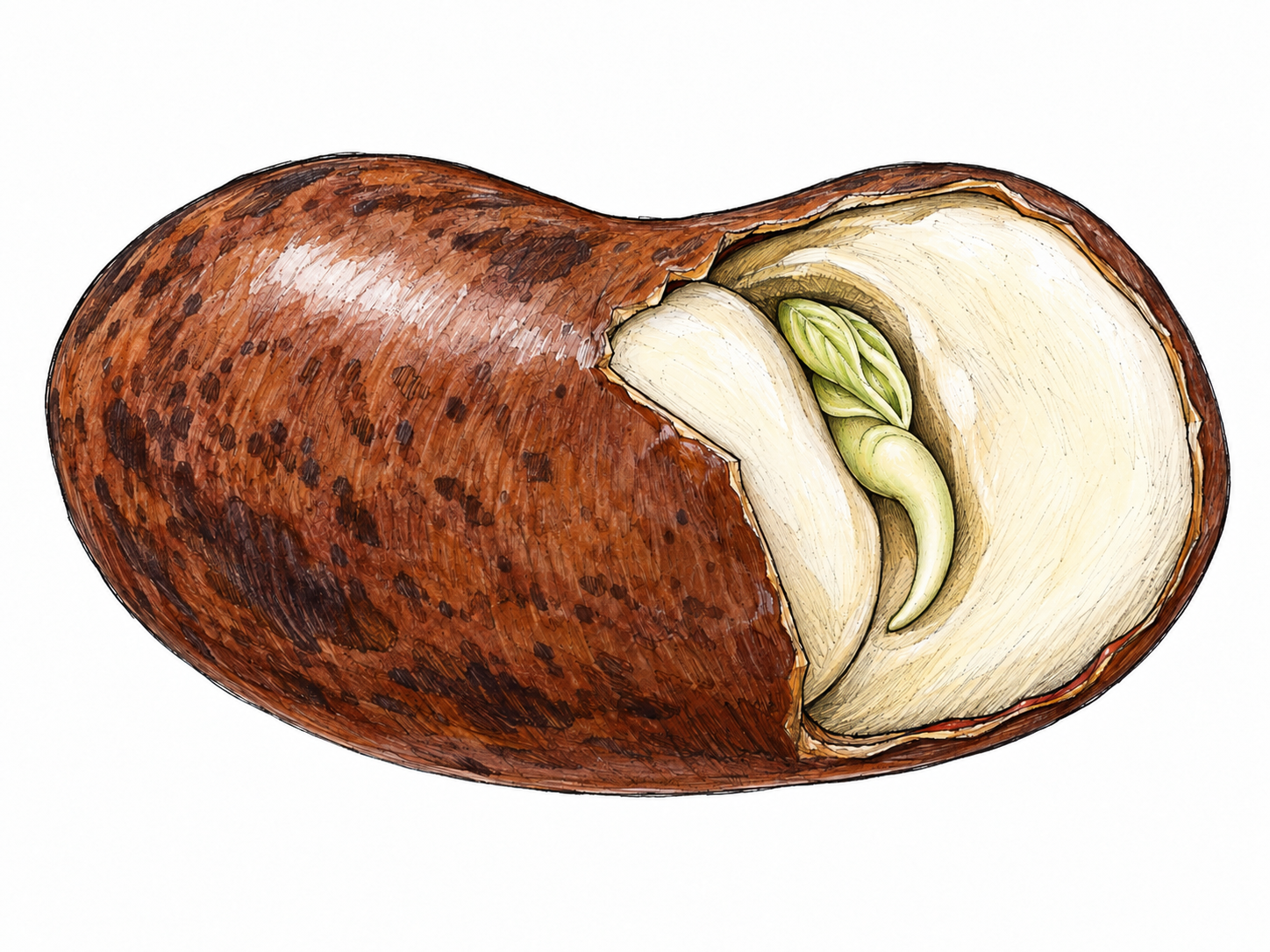 A dormant seed shown with a small cutaway revealing its intact, undeveloped plant embryo enclosed inside the seed coat.