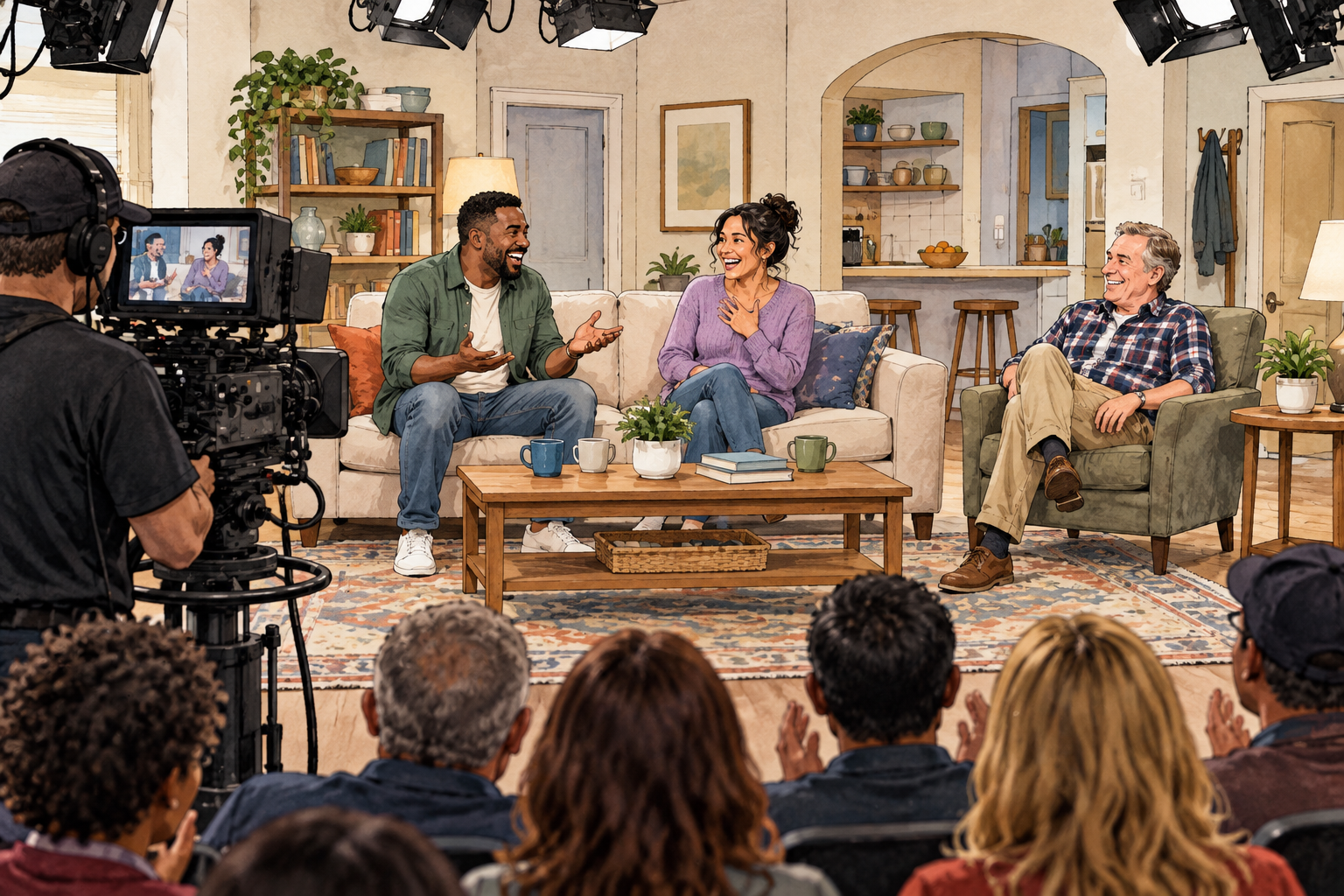 A television studio filming three actors in a familiar living-room comedy set with a couch, one amused exchange, visible camera and studio audience, blank screen props.