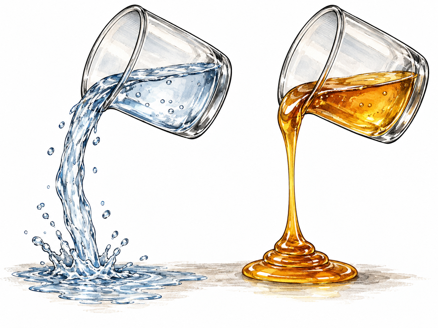 Two identical tipped glass vessels pour at the same angle: water streams freely from one, while thick honey descends sluggishly from the other, a clear visual comparison of resistance to flow.