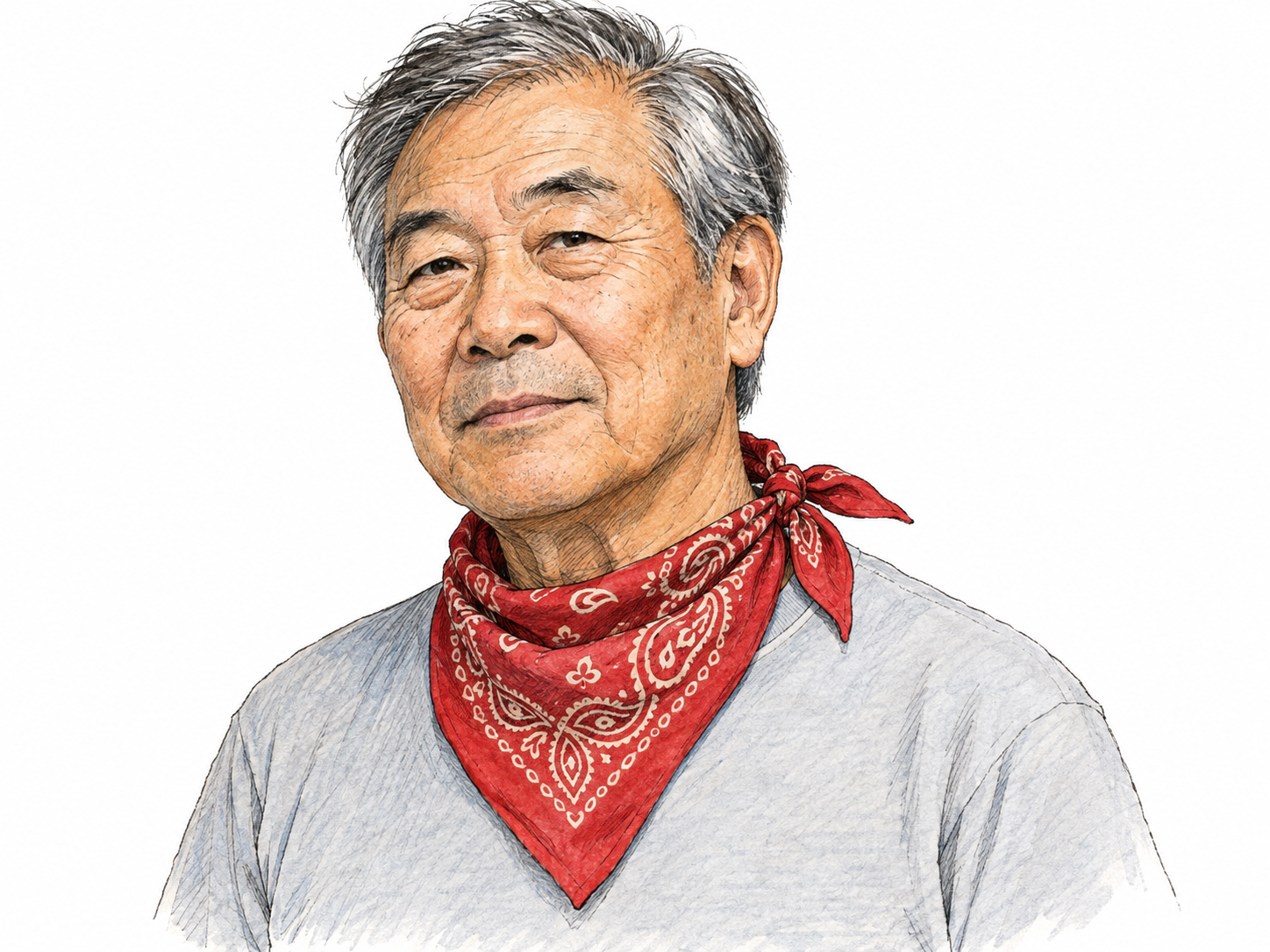 A close three-quarter portrait of an older man wearing a large red patterned bandanna loosely knotted around his neck, with the triangular cloth and tied ends clearly visible.