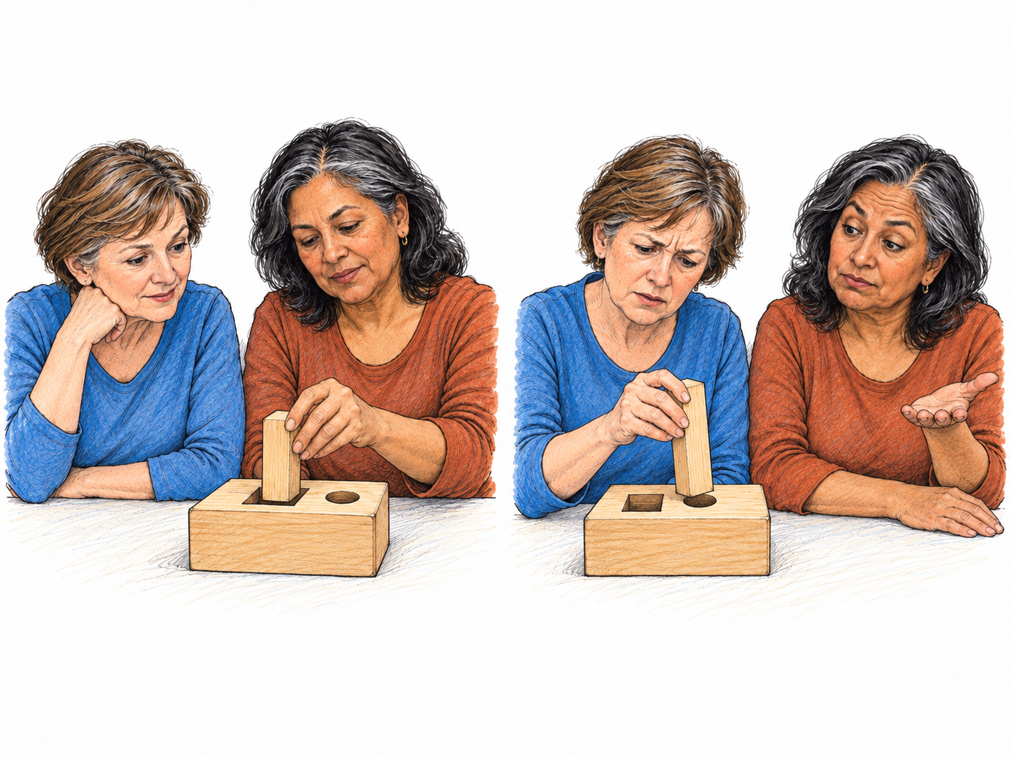 An adult learner repeatedly tries a plainly mismatched piece in a simple wooden assembly puzzle after a companion demonstrates the matching opening; the companion's puzzled, mildly exasperated reaction conveys that the learner is regarded as slow to learn.