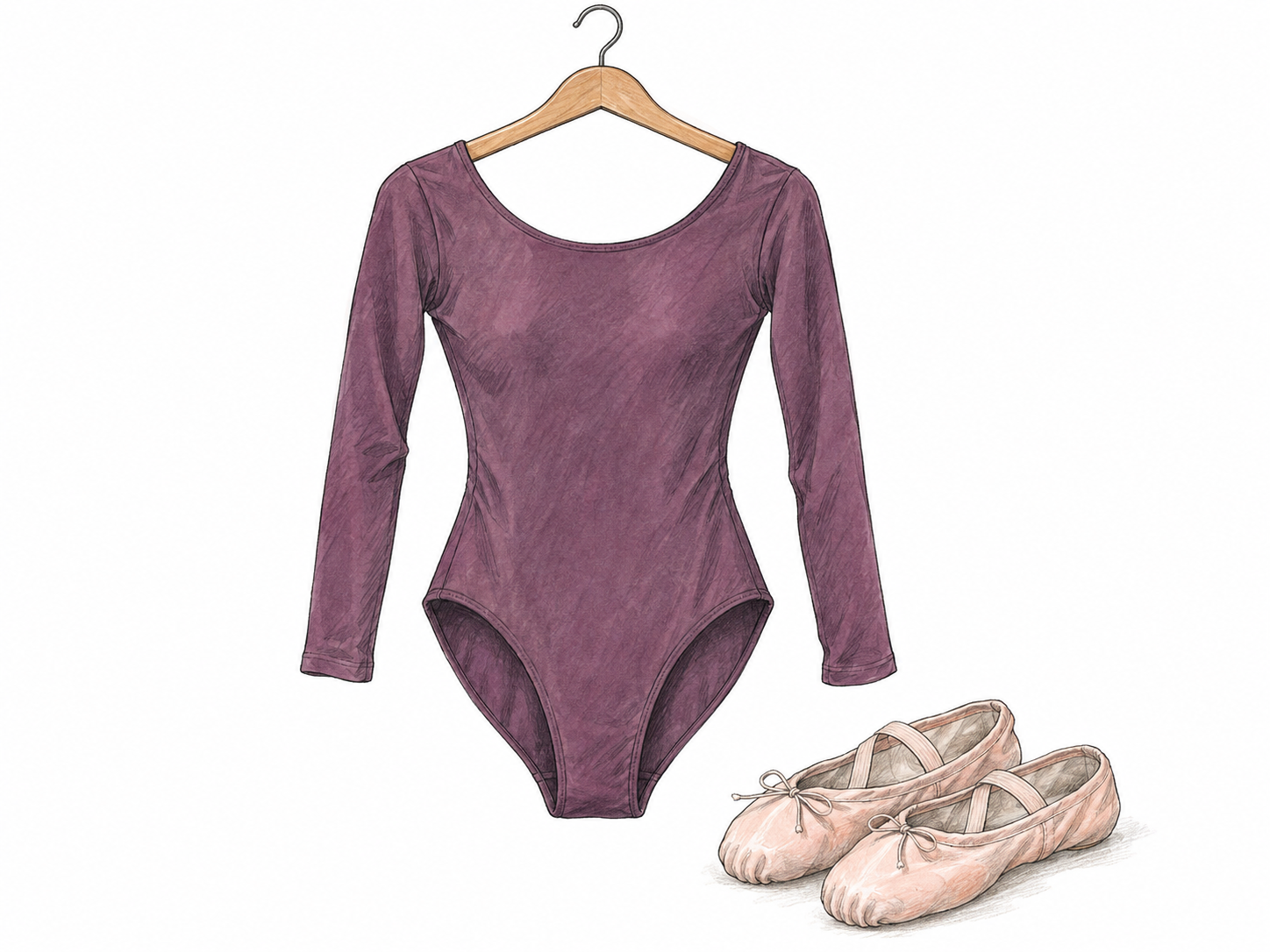 A clearly displayed dance leotard on a hanger, with ballet slippers beside it providing a restrained dance-context cue.