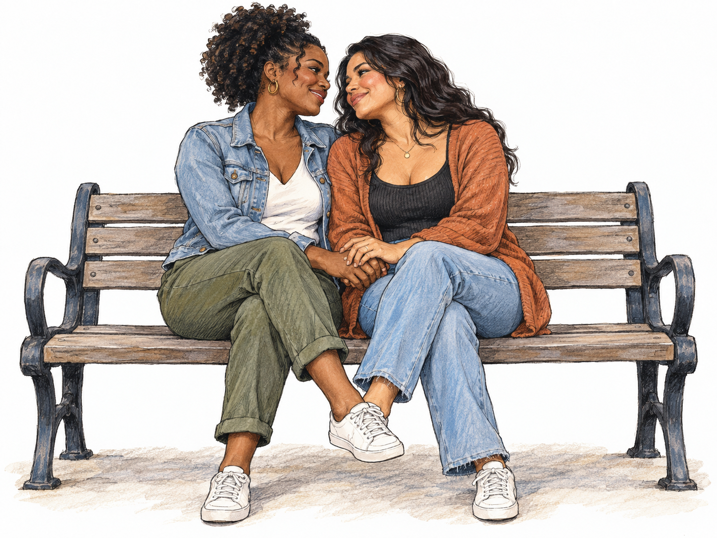Two adult women share a tender romantic moment on a simple park bench, holding hands and leaning toward each other with affectionate smiles.