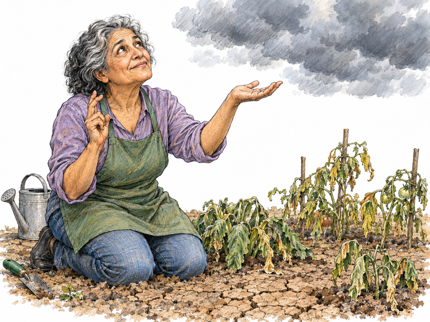 An older gardener beside parched, drooping plants turns toward gathering rain clouds, extending one palm upward and crossing the fingers of her other hand near her chest.