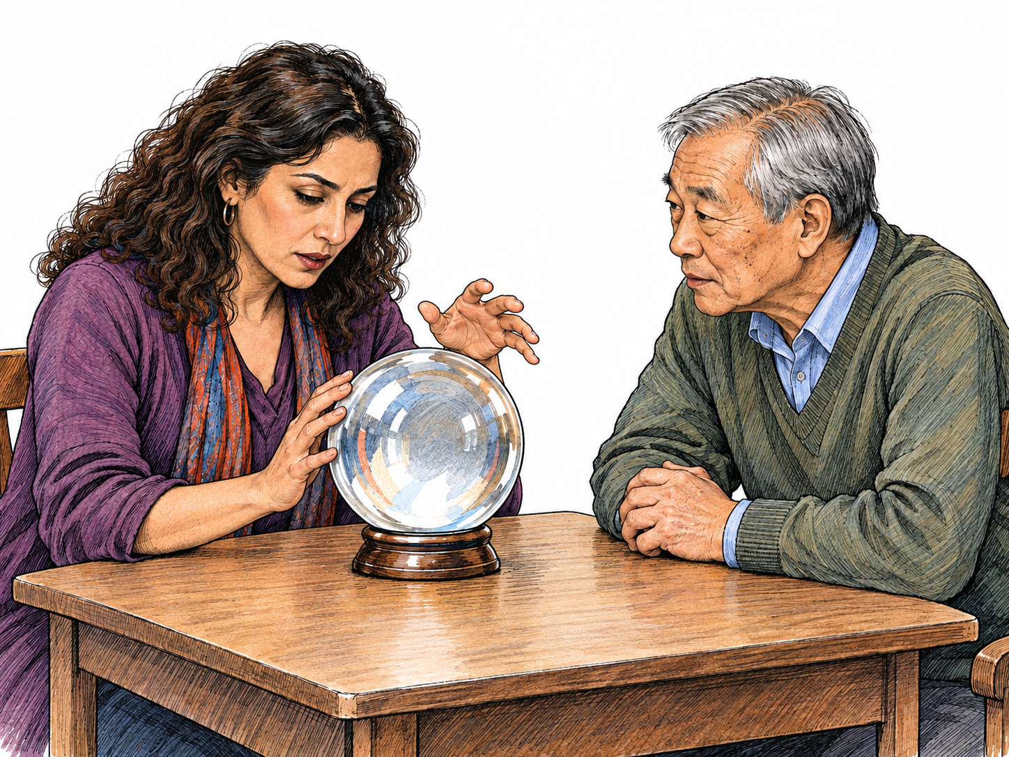 A woman conducts a crystal-ball fortune-telling consultation, concentrating on the globe while a seated visitor watches her with solemn attention.