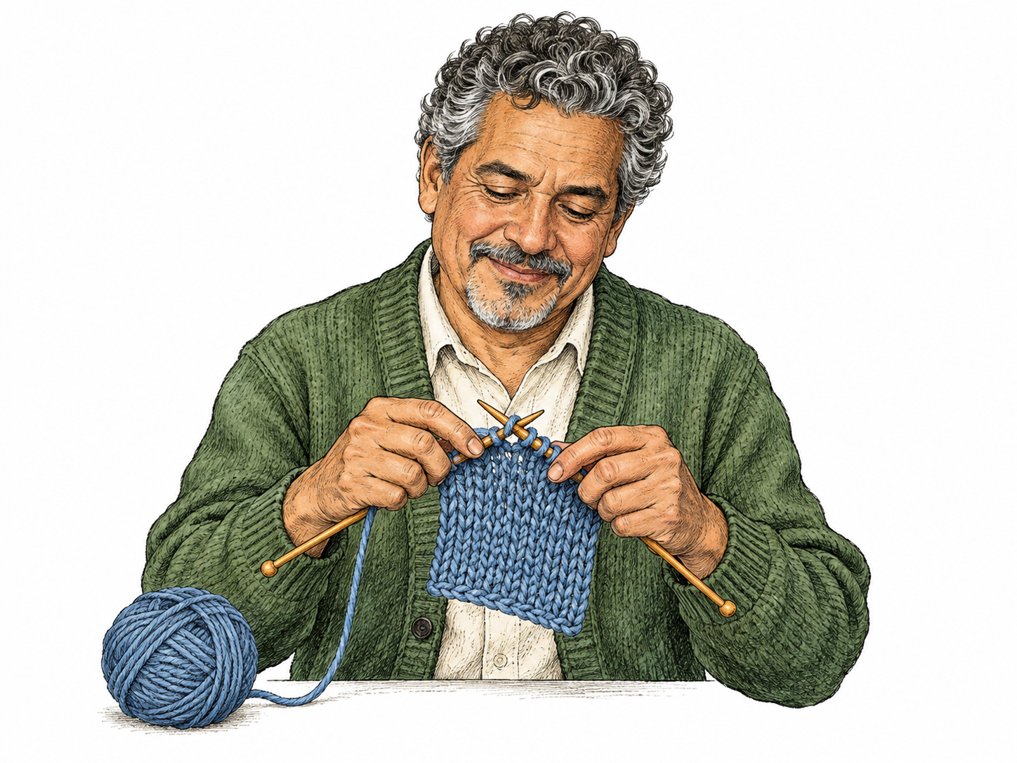 Man knits swatch using two correctly crossed knitting needles and one continuous yarn strand feeding interlocked loops; visible hands and fabric, no chair/room clutter.