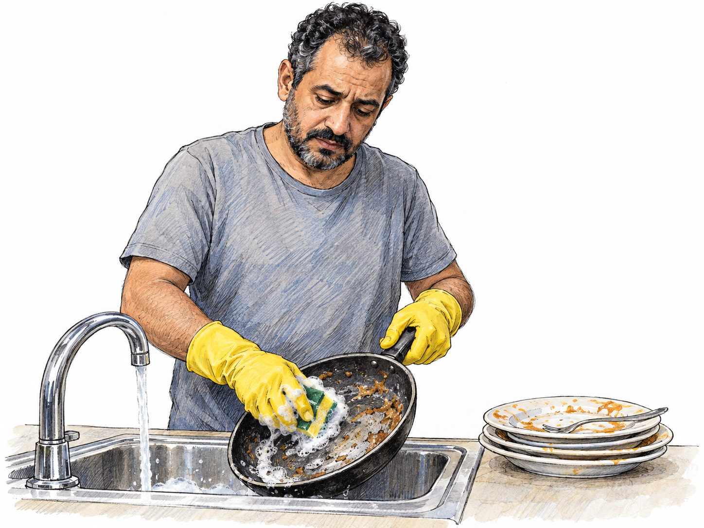A mildly weary man wearing rubber gloves scrubs a greasy pan at a kitchen sink, with dirty dishes waiting beside him: an unmistakable unpleasant household task.