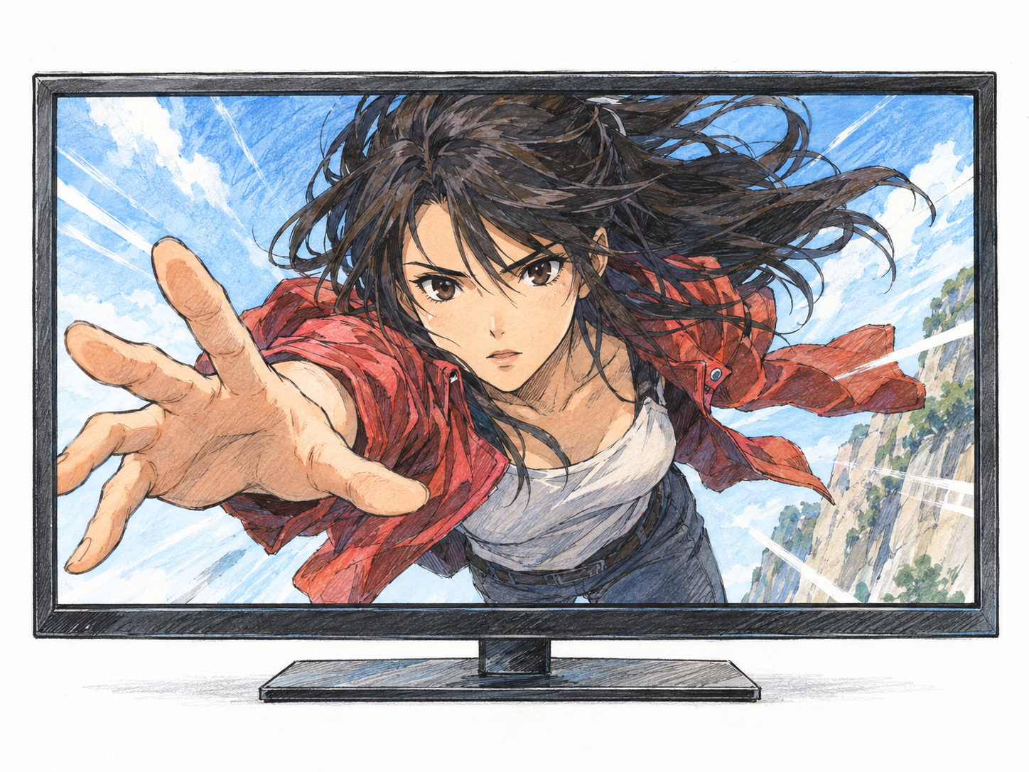 A television displaying an original Japanese anime scene, with unmistakable anime character design and dynamic action.