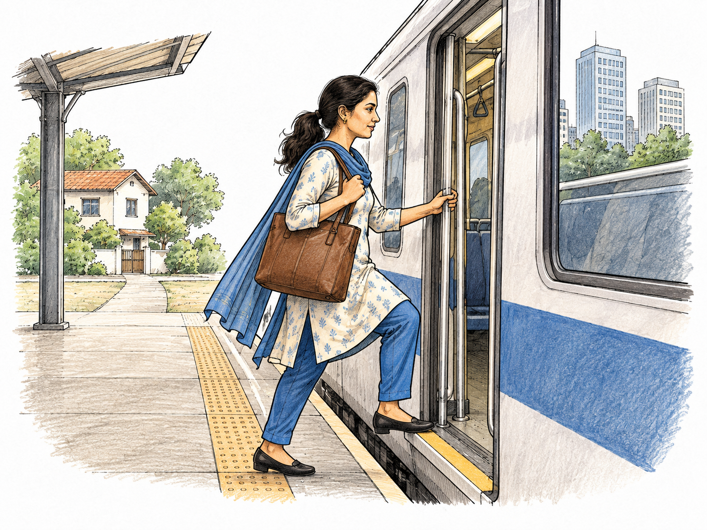 An adult carrying work bag boards a commuter train at a simple platform with a house suggested behind and office buildings beyond, everyday repeated home/work travel.