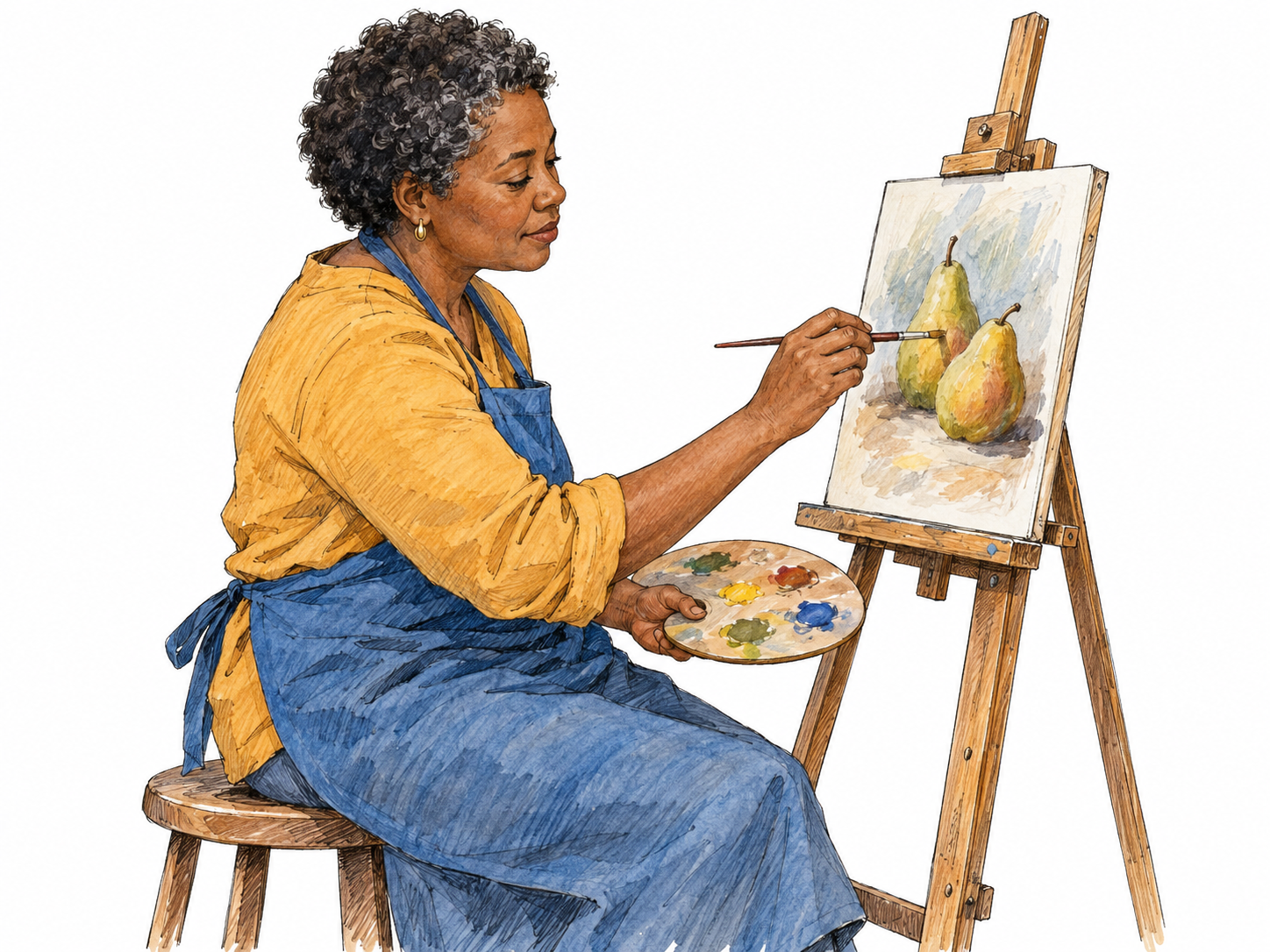 An artist at a compact easel applies paint with a brush to a small still-life painting of two pears.