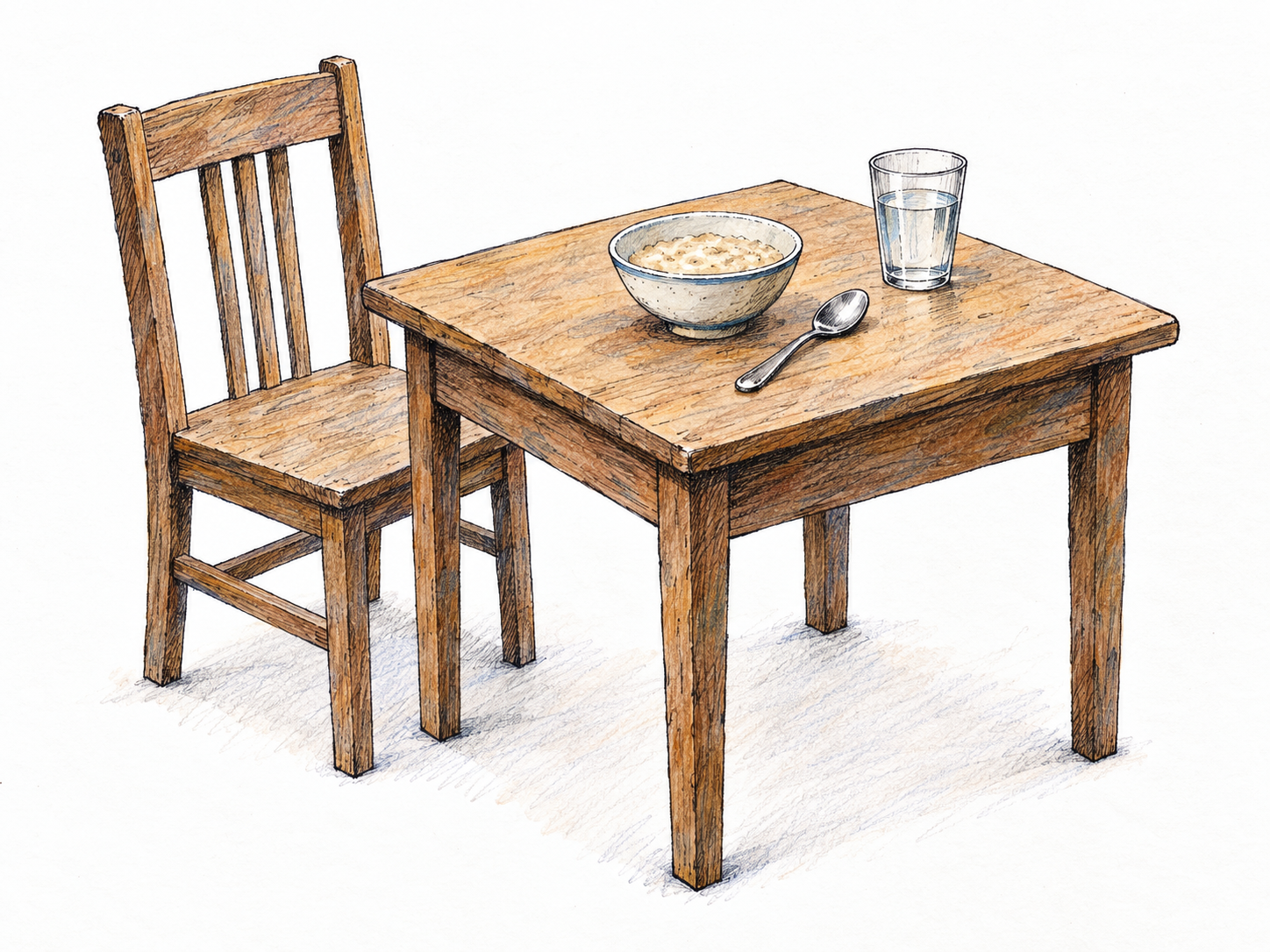 A deliberately spare dining arrangement: one plain wooden chair at a small unadorned table, with a modest bowl of porridge and a glass of water.