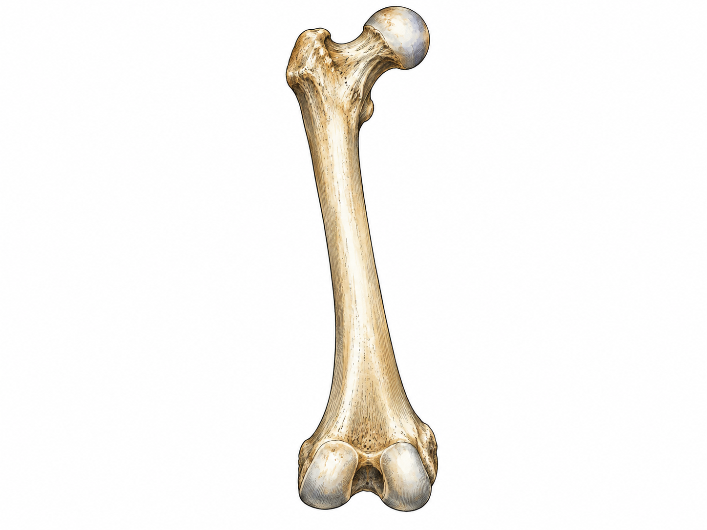 Isolated anatomically accurate femur bone, rounded hip head and two knee condyles.