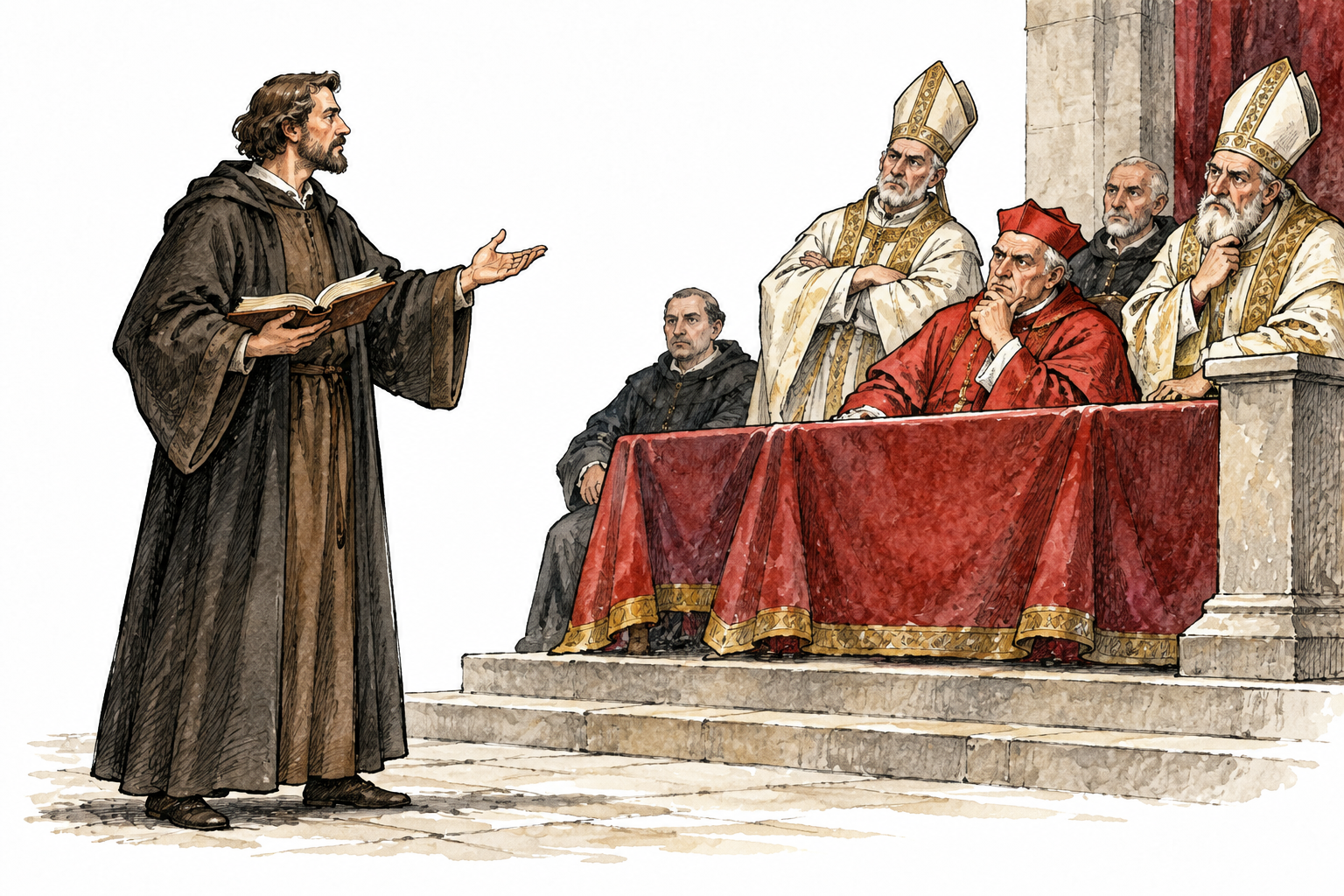 Historical thinker openly disagrees with religious council, standing apart and gesturing toward own manuscript, calm conviction, no writing visible.