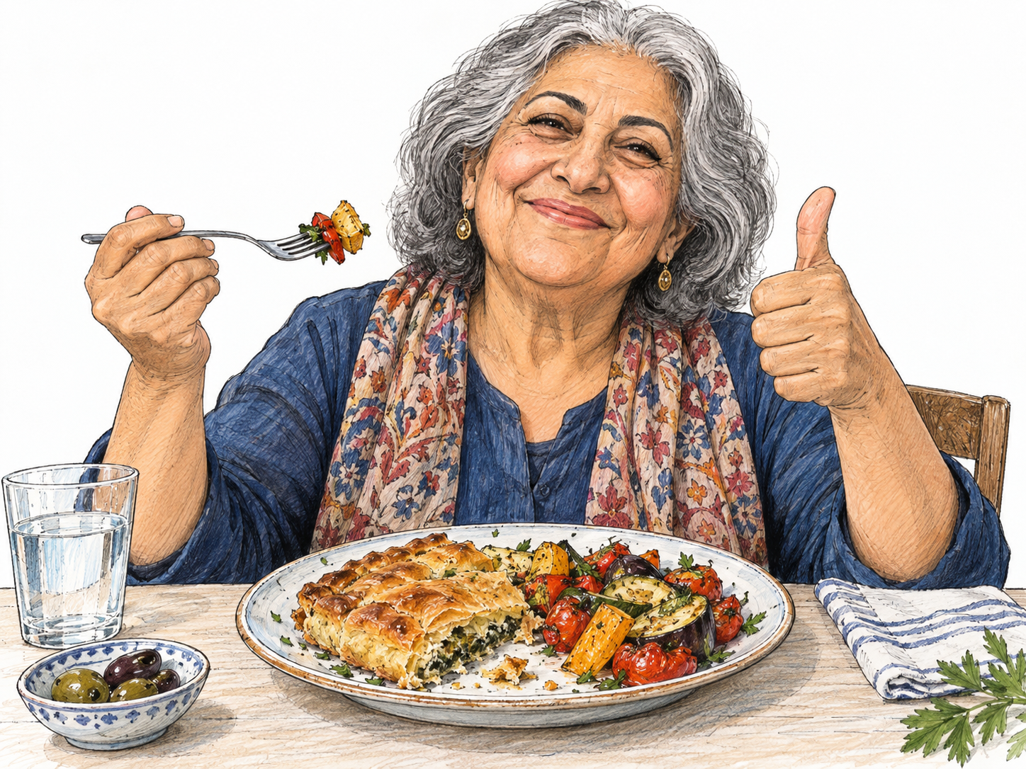 A delighted diner gives an emphatic thumbs-up after tasting a beautifully prepared meal, visibly judging it especially good.