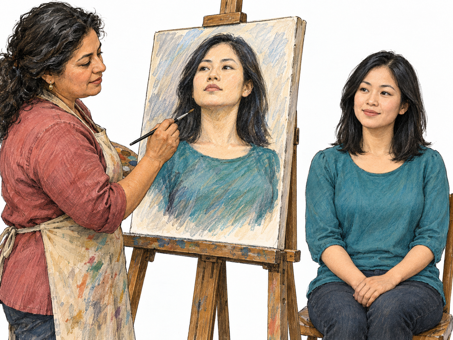 An artist paints a recognizable portrait of a seated woman, depicting her with a noticeably more resolute expression and upright bearing than her relaxed live pose.