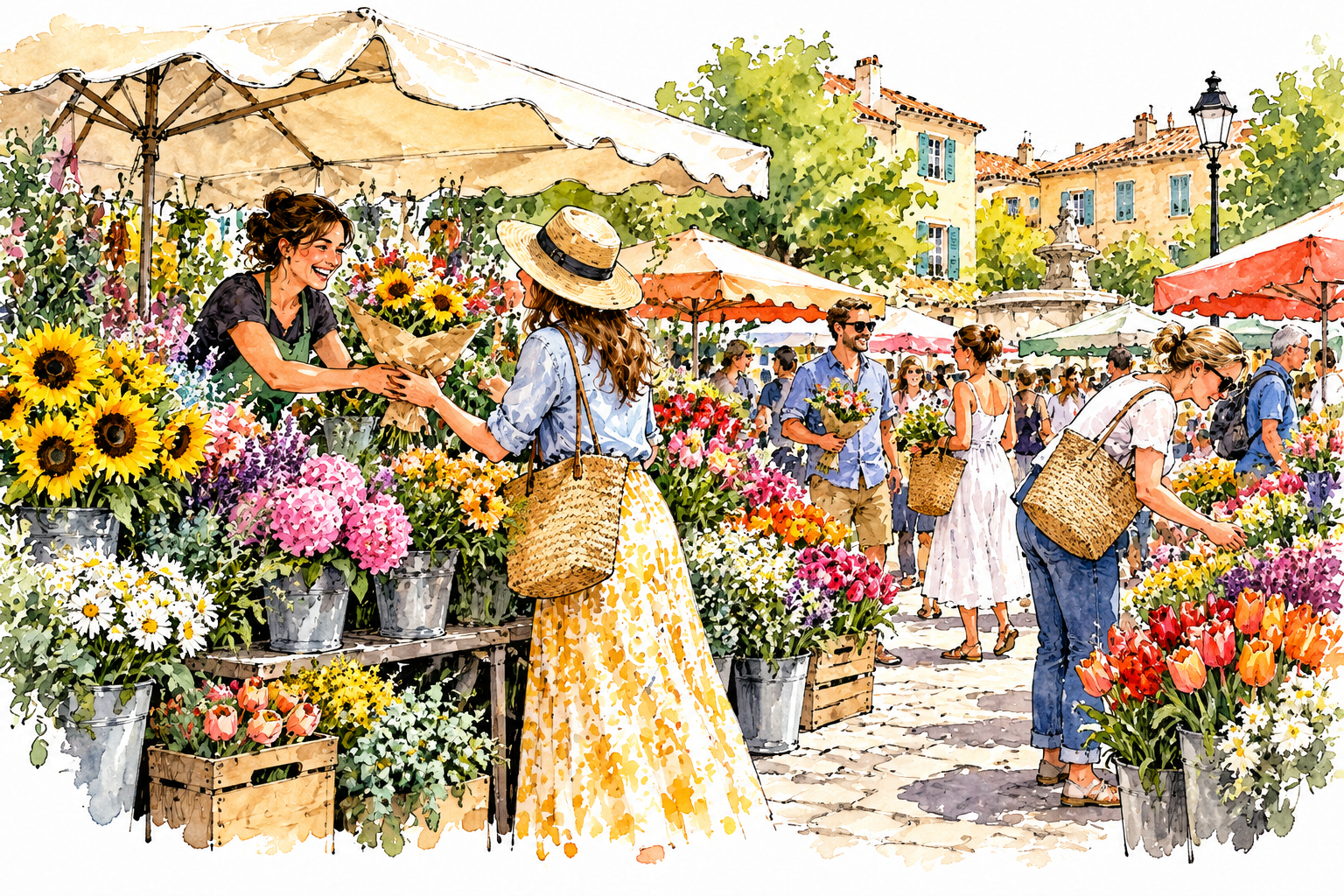 Lively colorful street flower market with energetic shoppers and vivid fresh flowers.