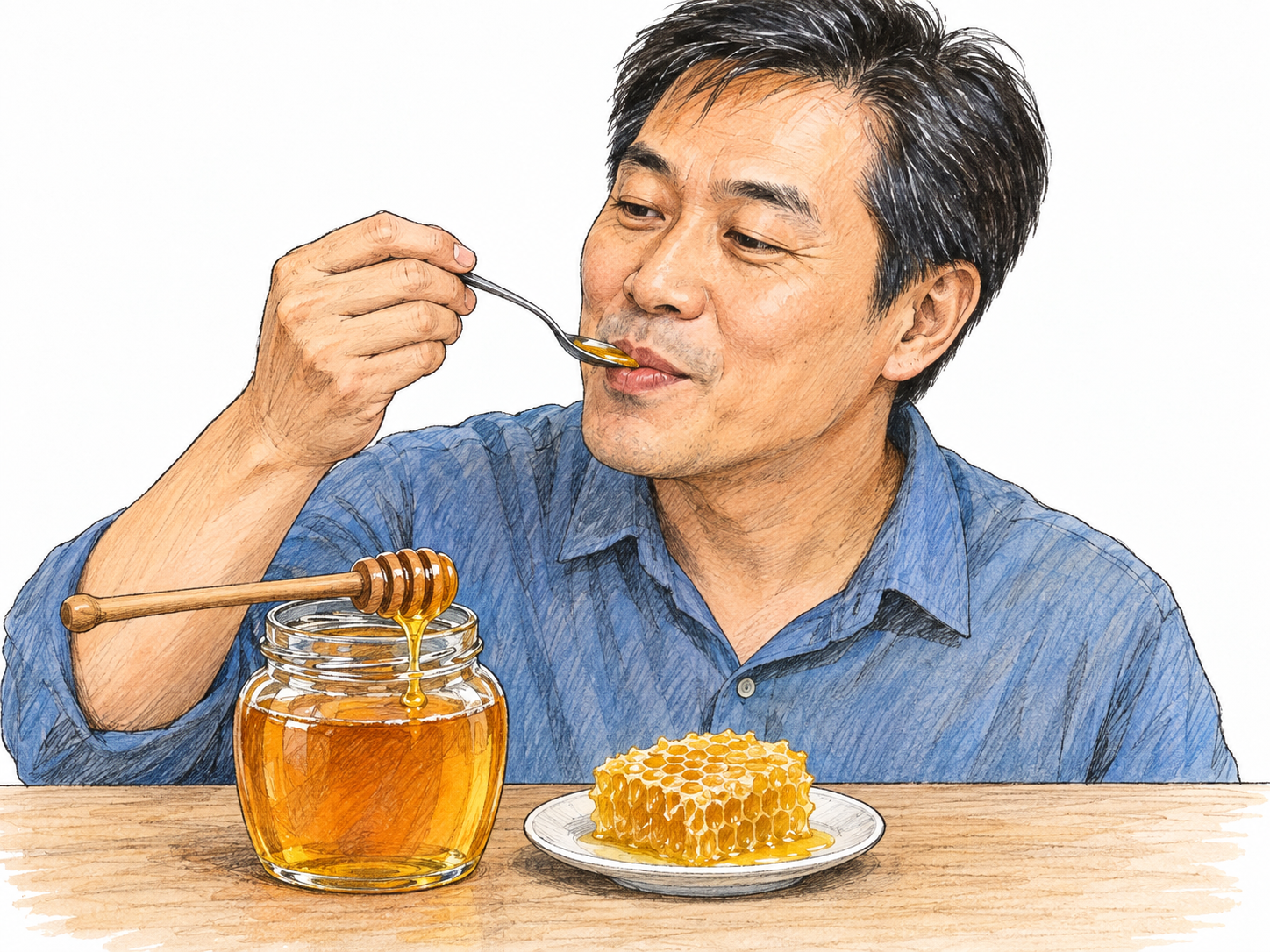 A man tastes a small spoonful of honey beside an open honey jar and a piece of honeycomb.