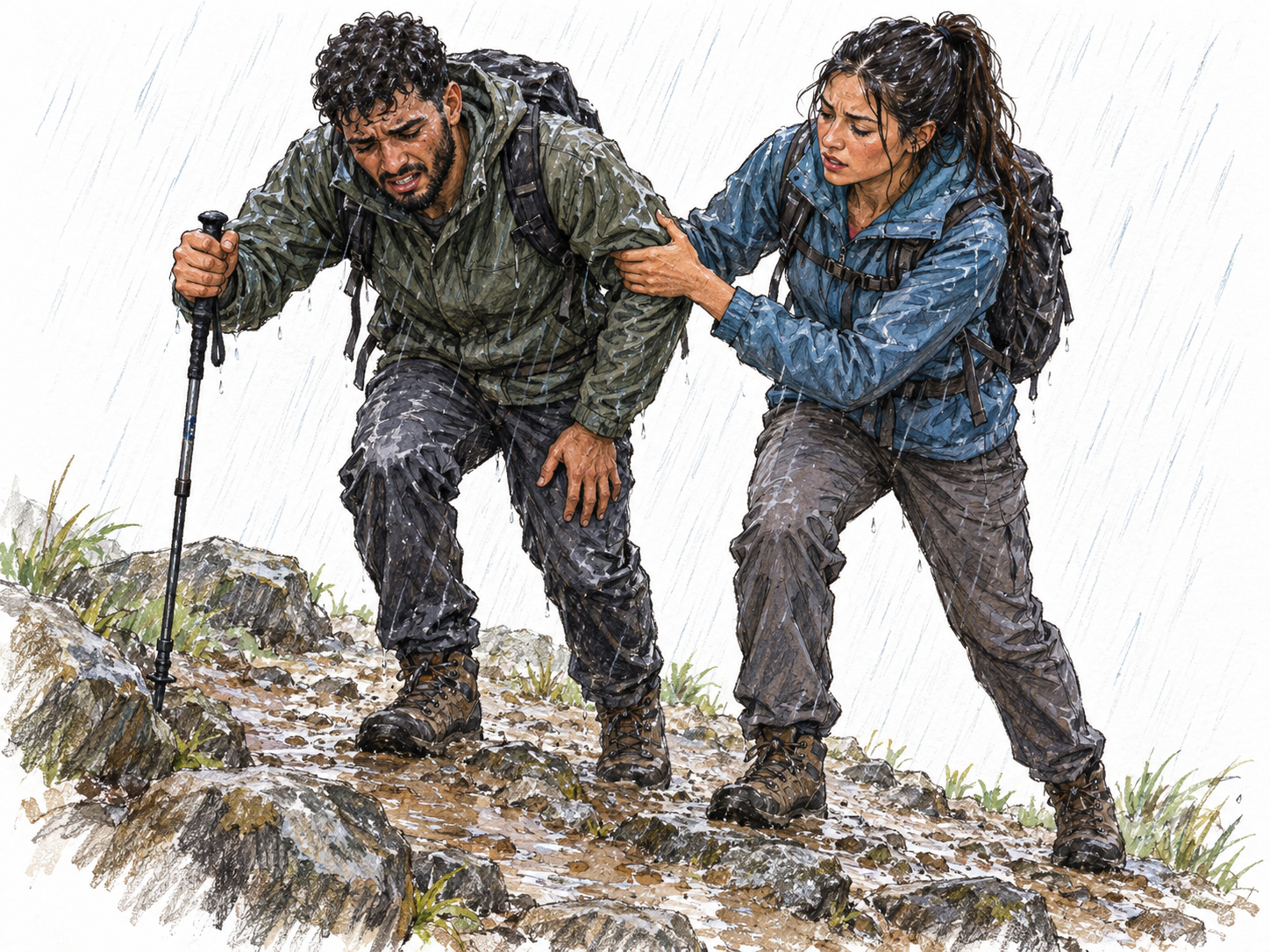 An exhausted hiker struggles along a short stretch of steep, rocky trail in driving rain, leaning heavily on a trekking pole while a companion steadies his upper arm.