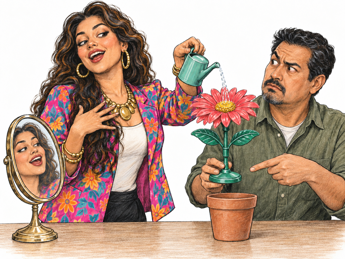A vain, flamboyantly dressed woman holds forth with theatrical confidence about an obviously artificial flower, watering its plastic petals while ignoring a listener who exposes its molded plastic base.