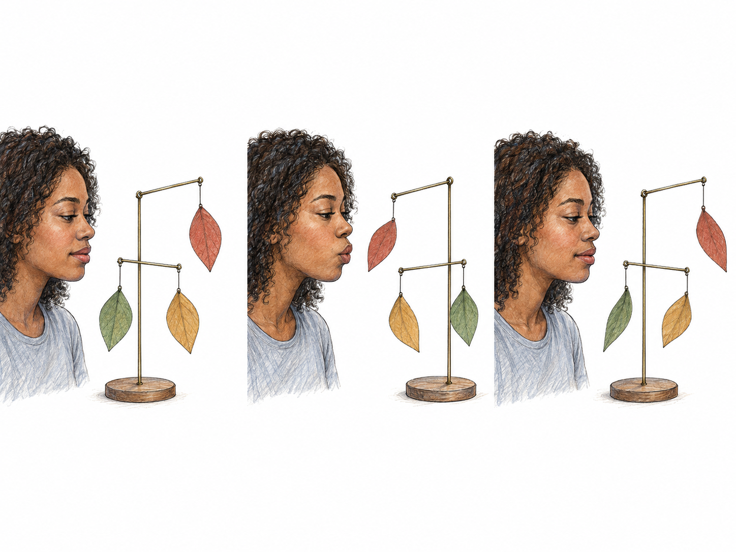A delicately balanced hanging mobile changes its configuration under a woman's very gentle breath.