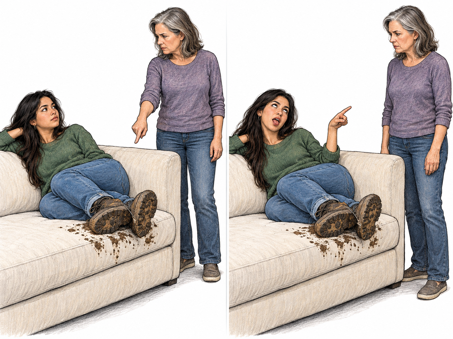 Show guff through the frozen sense of insolent backtalk: a young adult daughter responds to her mother's reasonable correction with conspicuously mocking speech and a dismissive gesture.