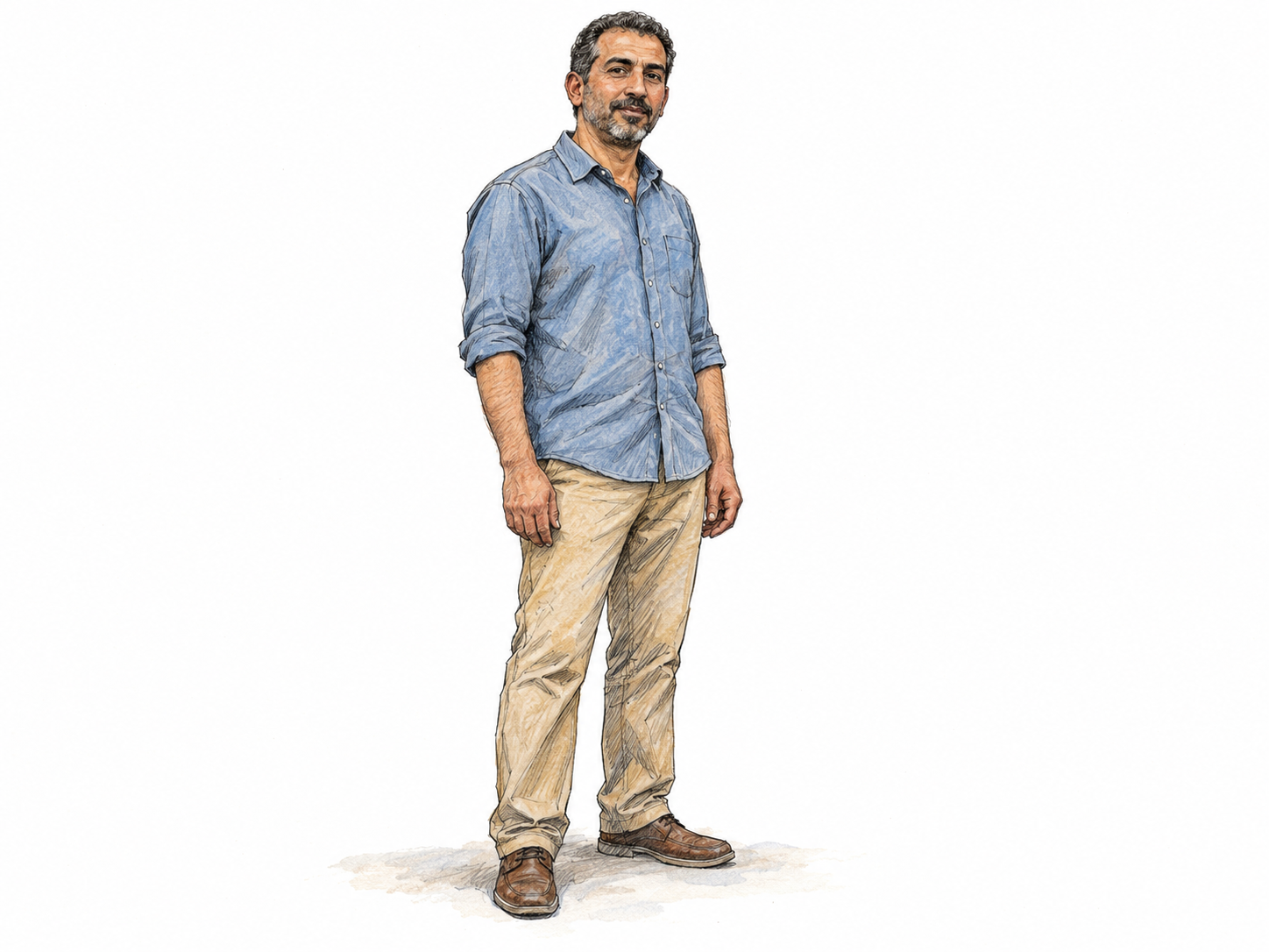 A single middle-aged man standing comfortably in everyday modern clothing, shown full-length with clearly mature proportions: a straightforward portrait of a fully grown person.