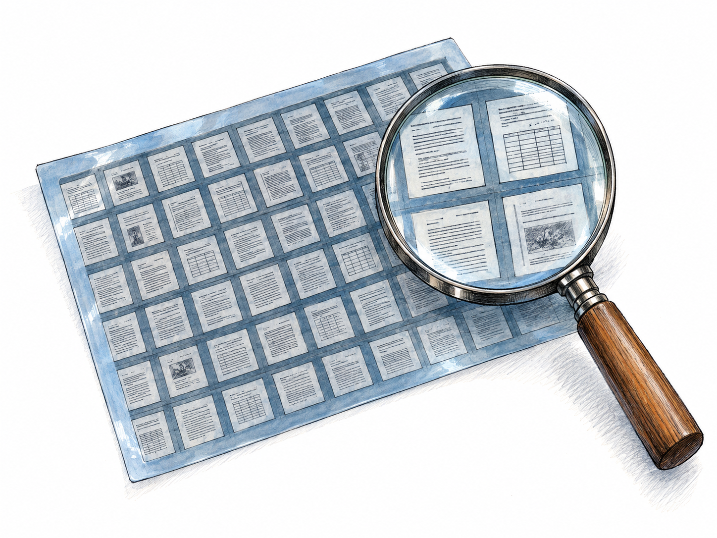A single translucent microfiche sheet with a regular grid of tiny photographed document pages, one portion enlarged through a magnifying glass to make the stored records recognizable.