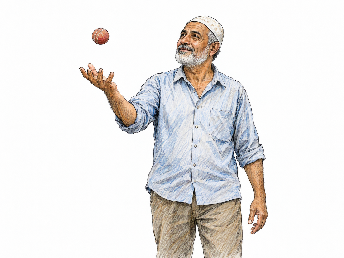 An older man casually tosses a small ball a short distance upward from one open hand, with relaxed posture and no forceful windup.