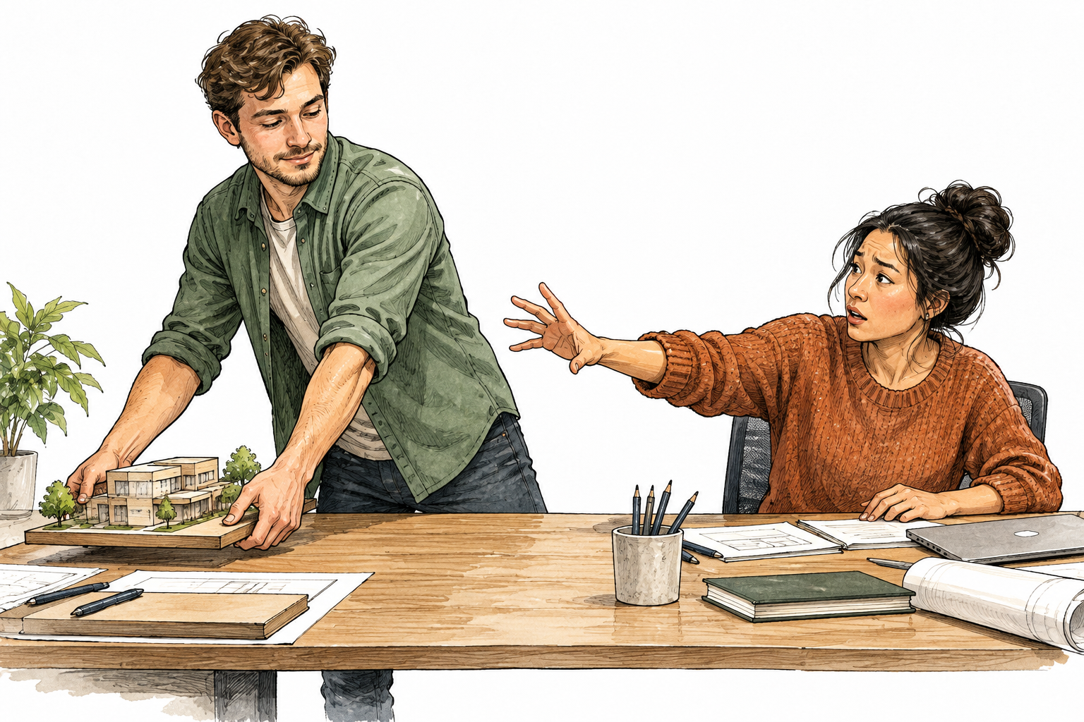 At a shared desk one partner alone moves a shared model or object while the other reaches out in surprise, a clearly one-sided decision without mutual agreement.