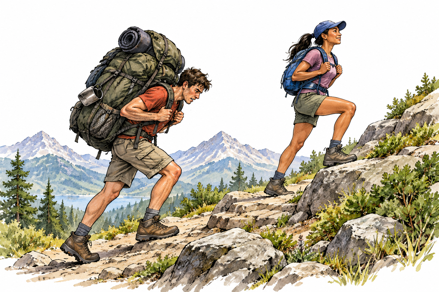 Two hikers climb the same slope while one carries an unnecessarily heavy pack, an added disadvantage without disability stereotypes.