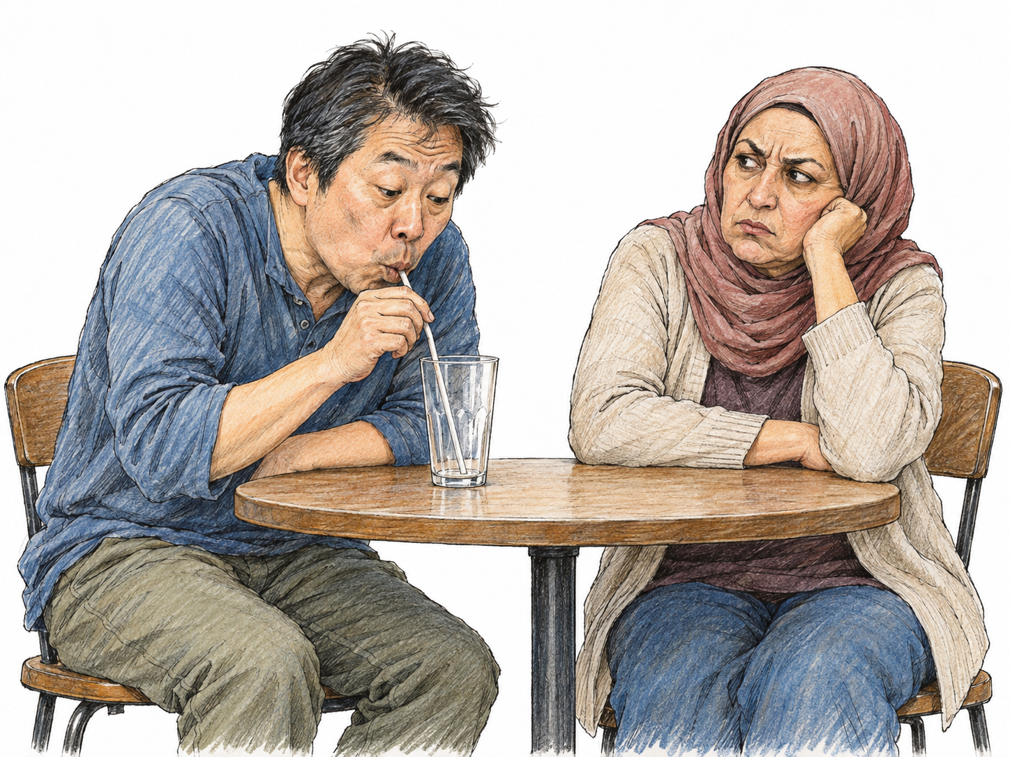 A man annoys the woman beside him by loudly slurping through a straw from an obviously empty glass; she turns toward him with a weary, irritated expression.