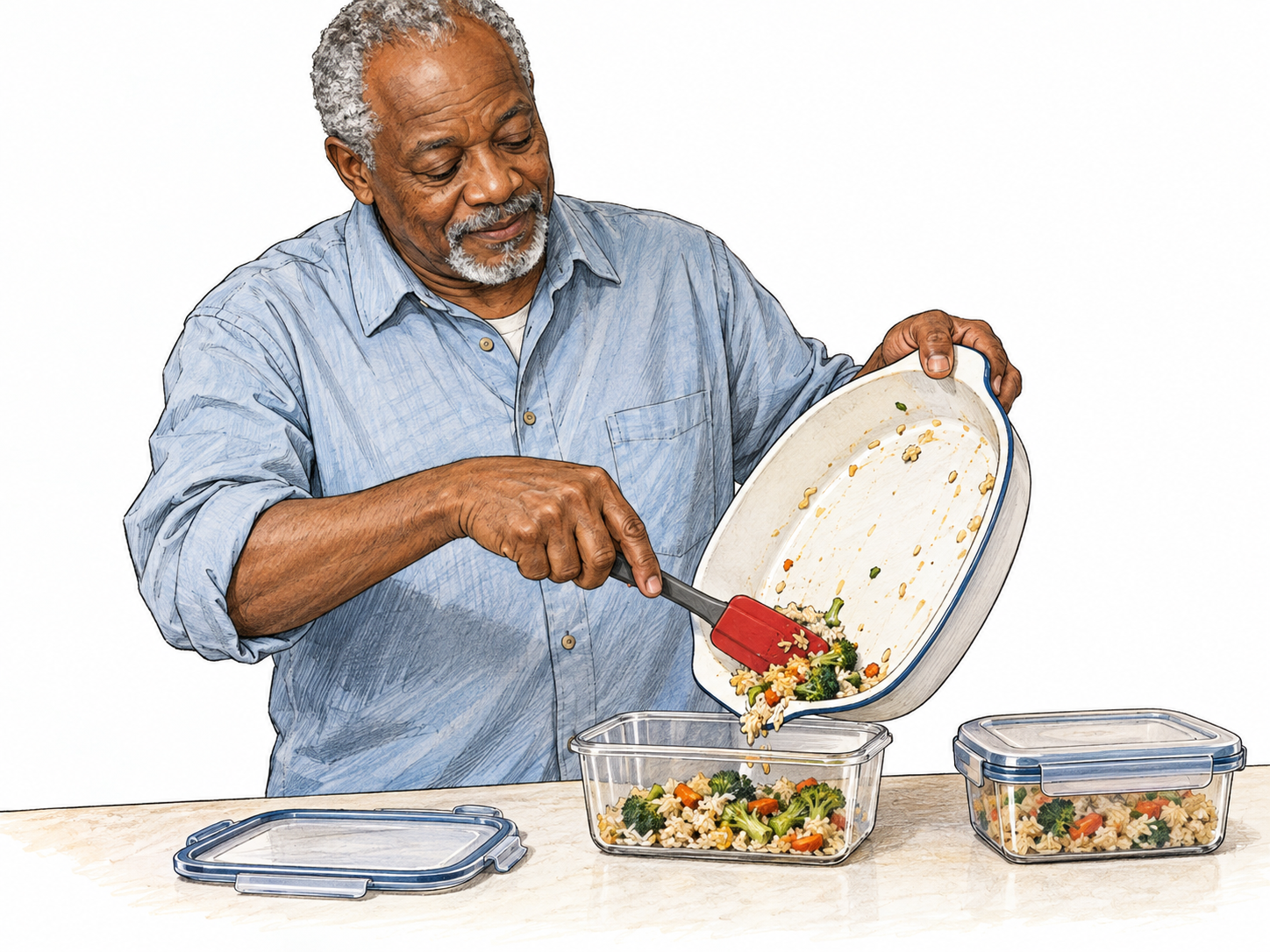 An older man carefully scrapes the last good food from a serving dish into a reusable leftover container, with another small portion already saved beside it.
