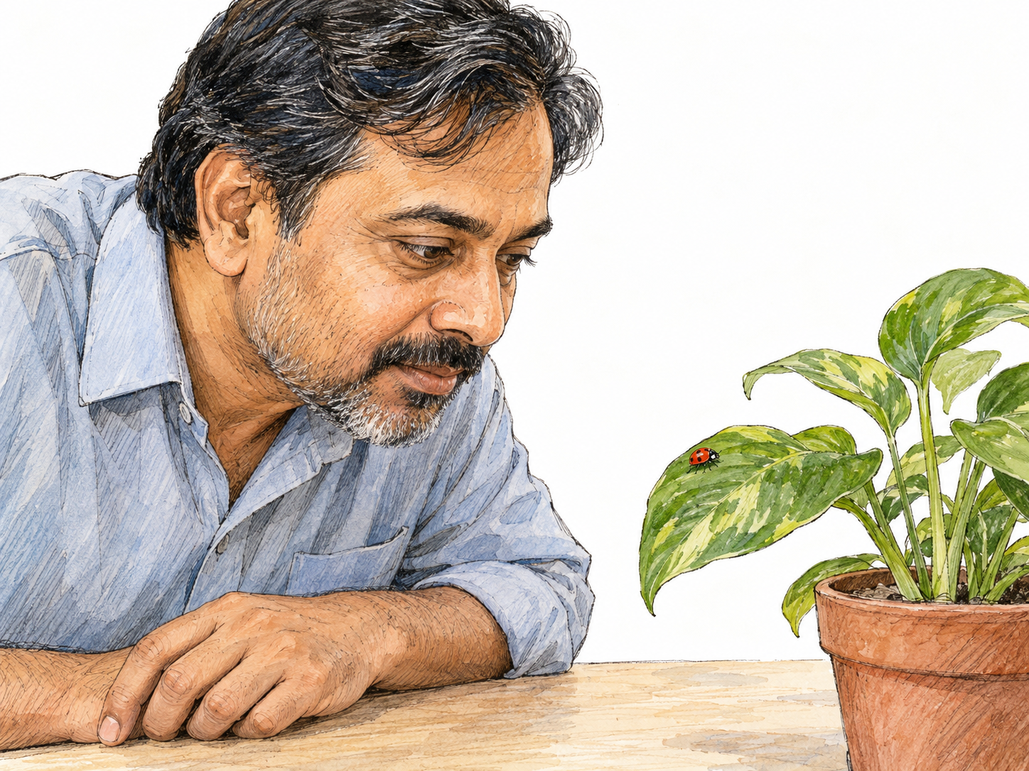 A man leans close to watch a ladybird crawling along a leaf, his eyes fixed carefully on the insect without touching it.