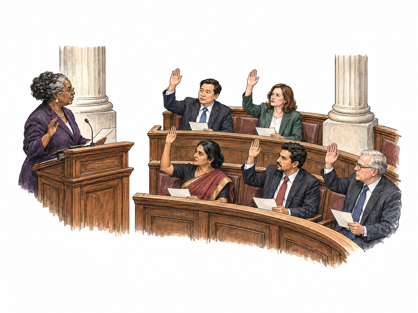 A small national parliamentary assembly vignette: one presiding speaker at a lectern faces five seated legislators on three curved bench fragments, several raise hands to vote on a plain document.