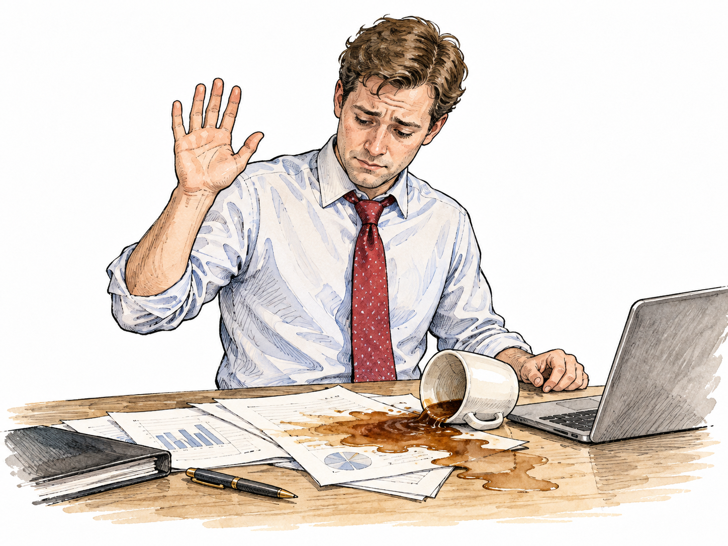 A white office worker caught spilling coffee onto important papers reluctantly raises a hand to admit fault.