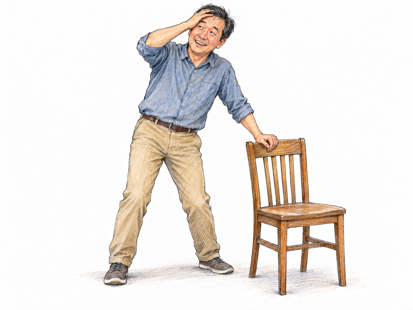 A middle-aged man pauses after twirling playfully, grinning with silly excitement while steadying himself with one hand on a plain chair and touching his forehead with the other.