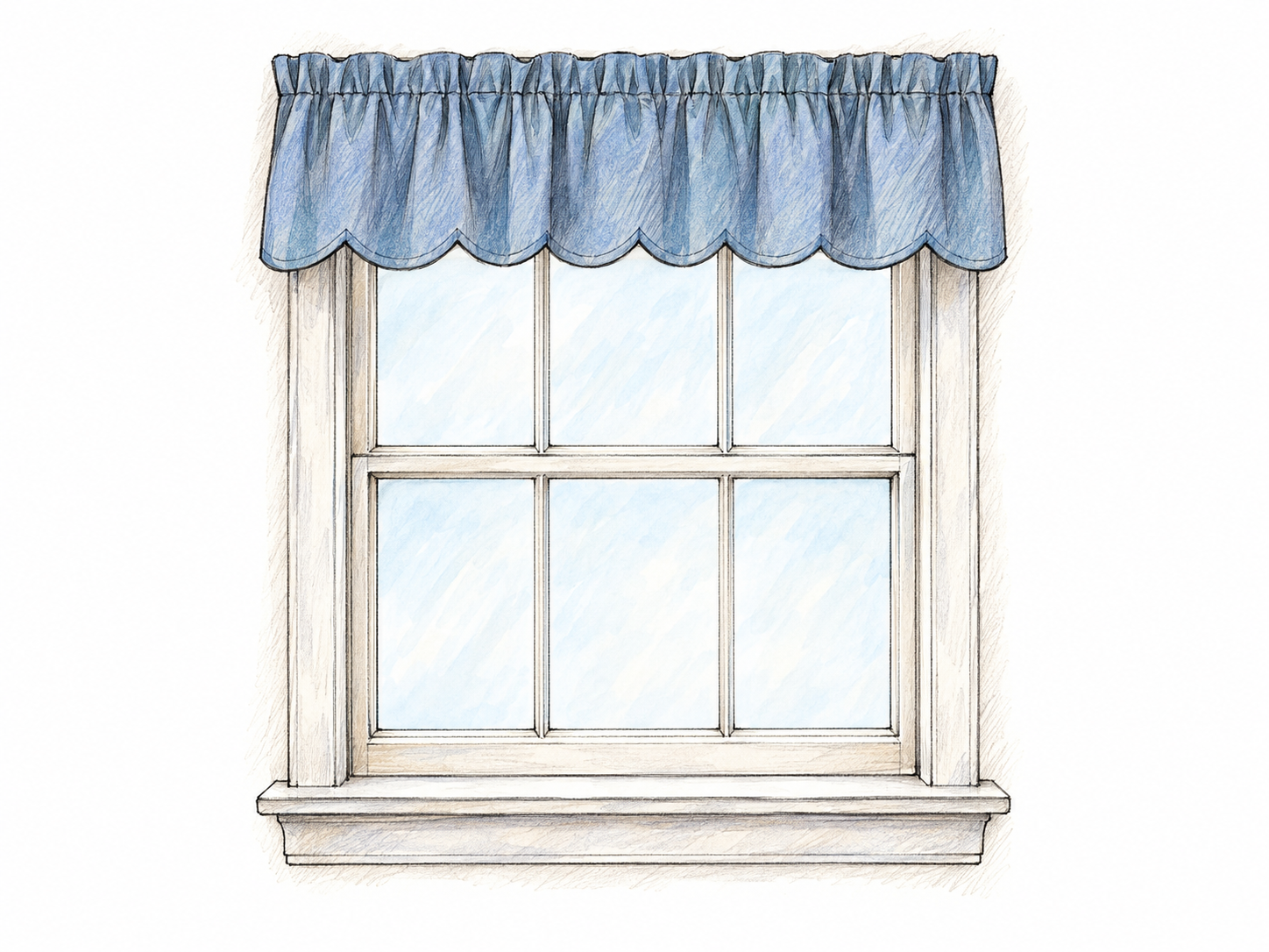 A single window with a short, decorative scalloped fabric valance spanning its top; the uncovered window below makes the hanging’s limited length unmistakable.