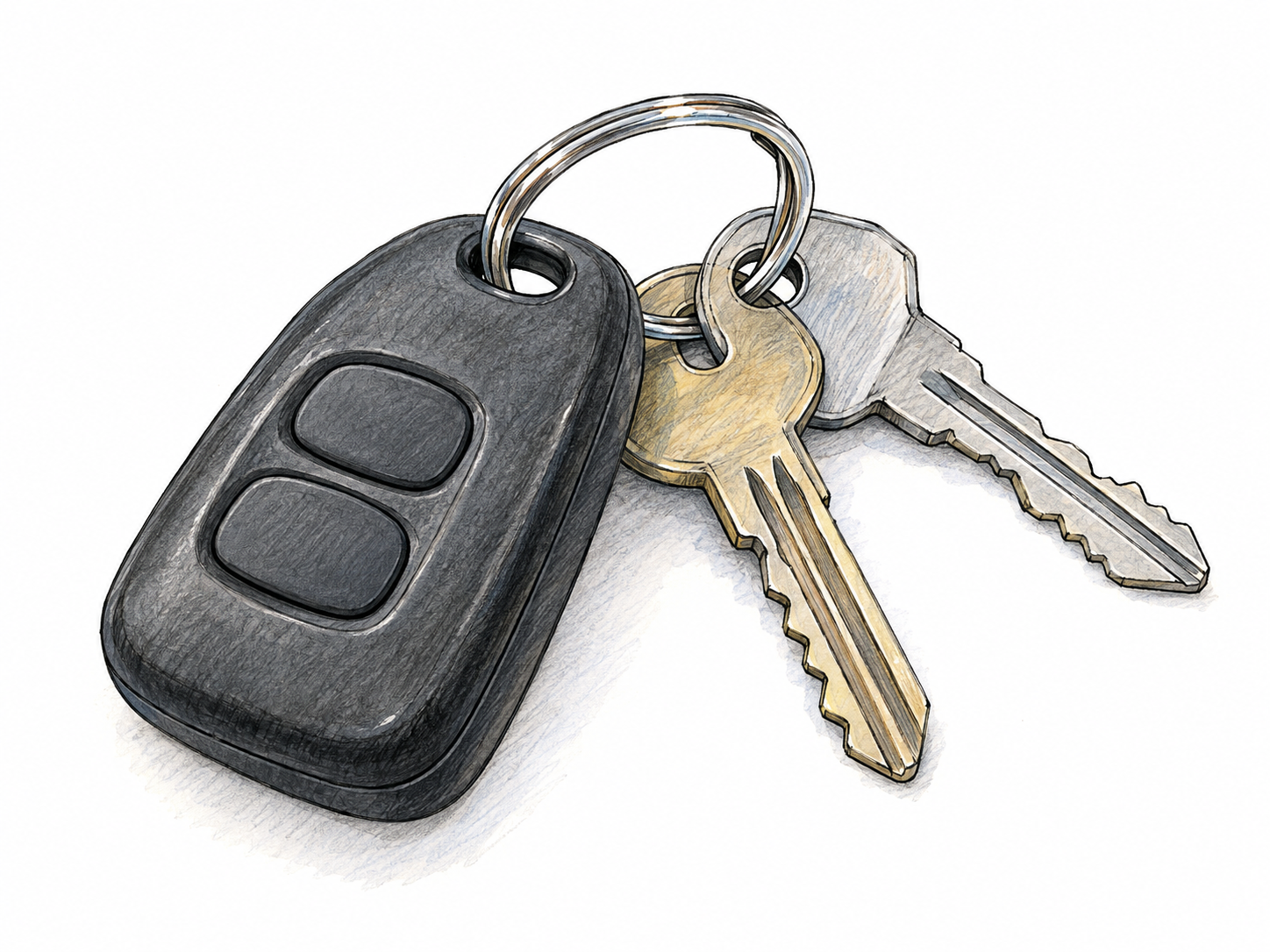 A compact electronic key fob attached to a metal split ring alongside two ordinary keys, with the fob prominent and its attachment clearly visible.