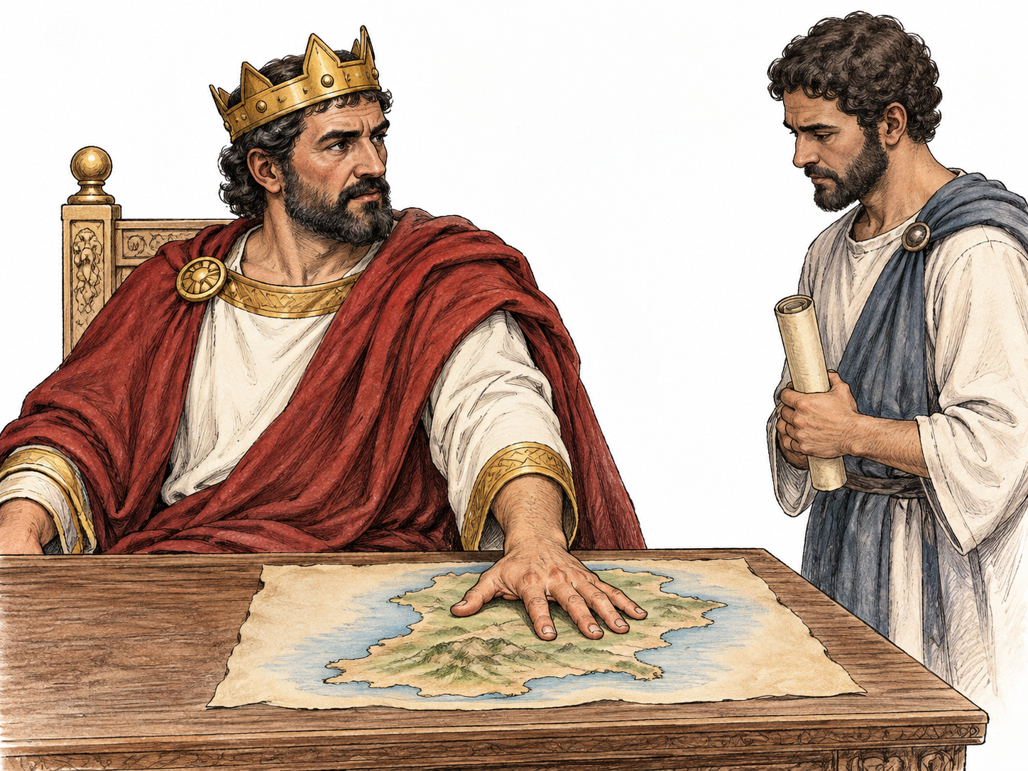 Ruler places authoritative hand over small map-shaped territory on table while official waits to receive command; simple throne fragment, no words or geopolitical identifiers.