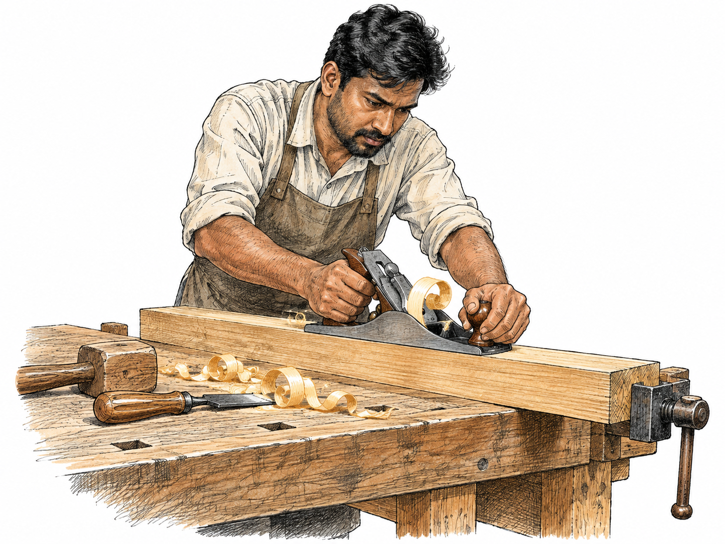 A worker actively planes a board at a secure bench, body and hands applying effort, a thin shaving curls from the hand plane.