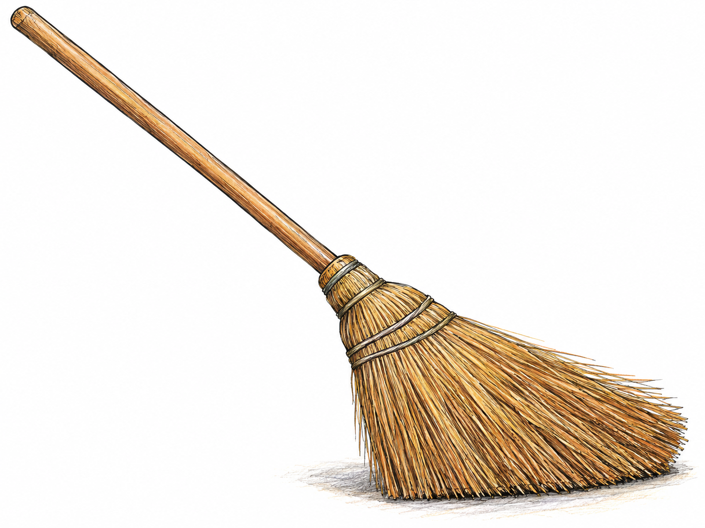 A single household broom with a long wooden handle and a broad, clearly visible head of stiff bristles resting on the floor.