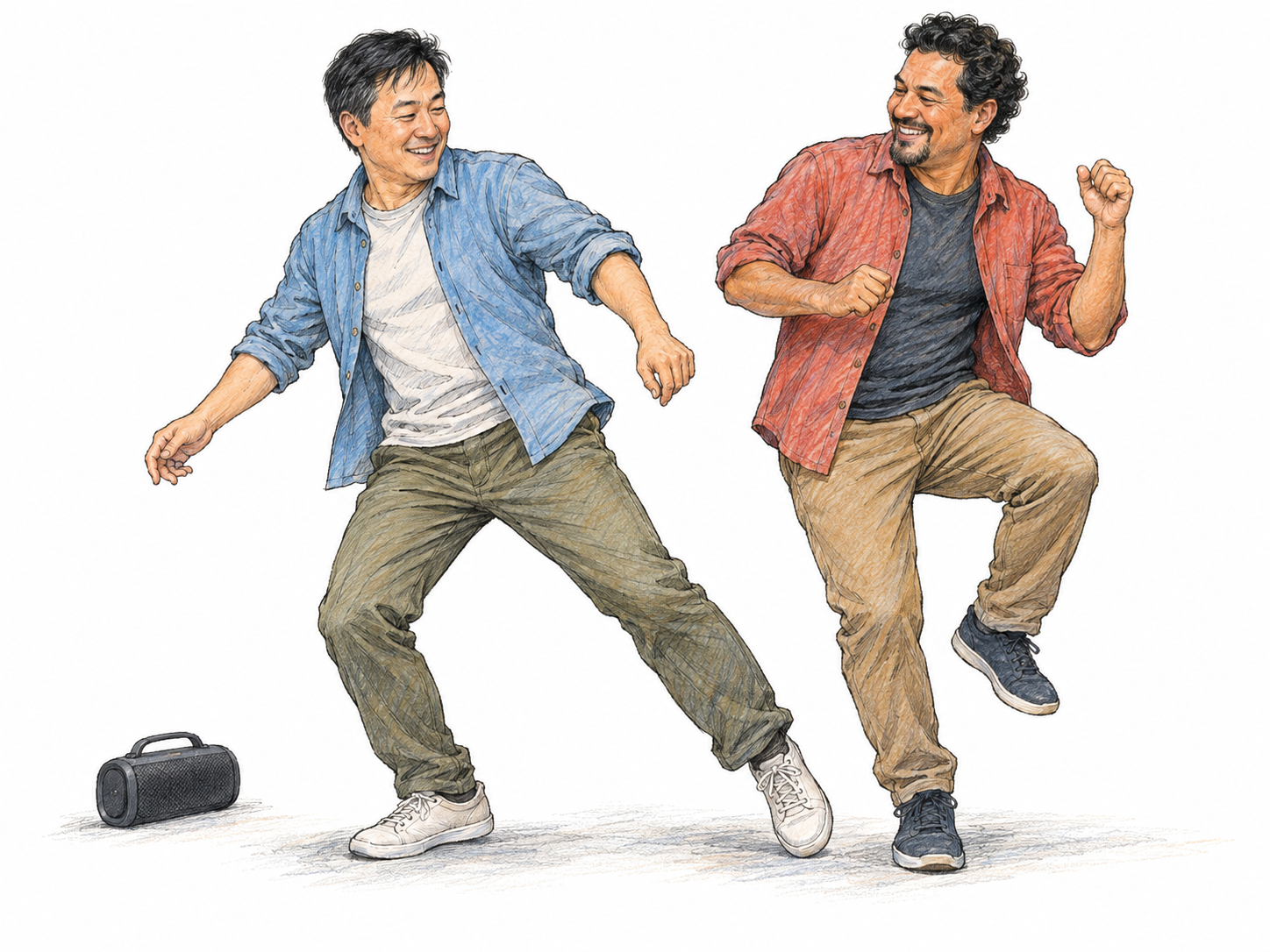 Two middle-aged friends dance energetically beside a portable music speaker, with bent knees, lively steps and swinging arms making the dancing immediately recognizable.