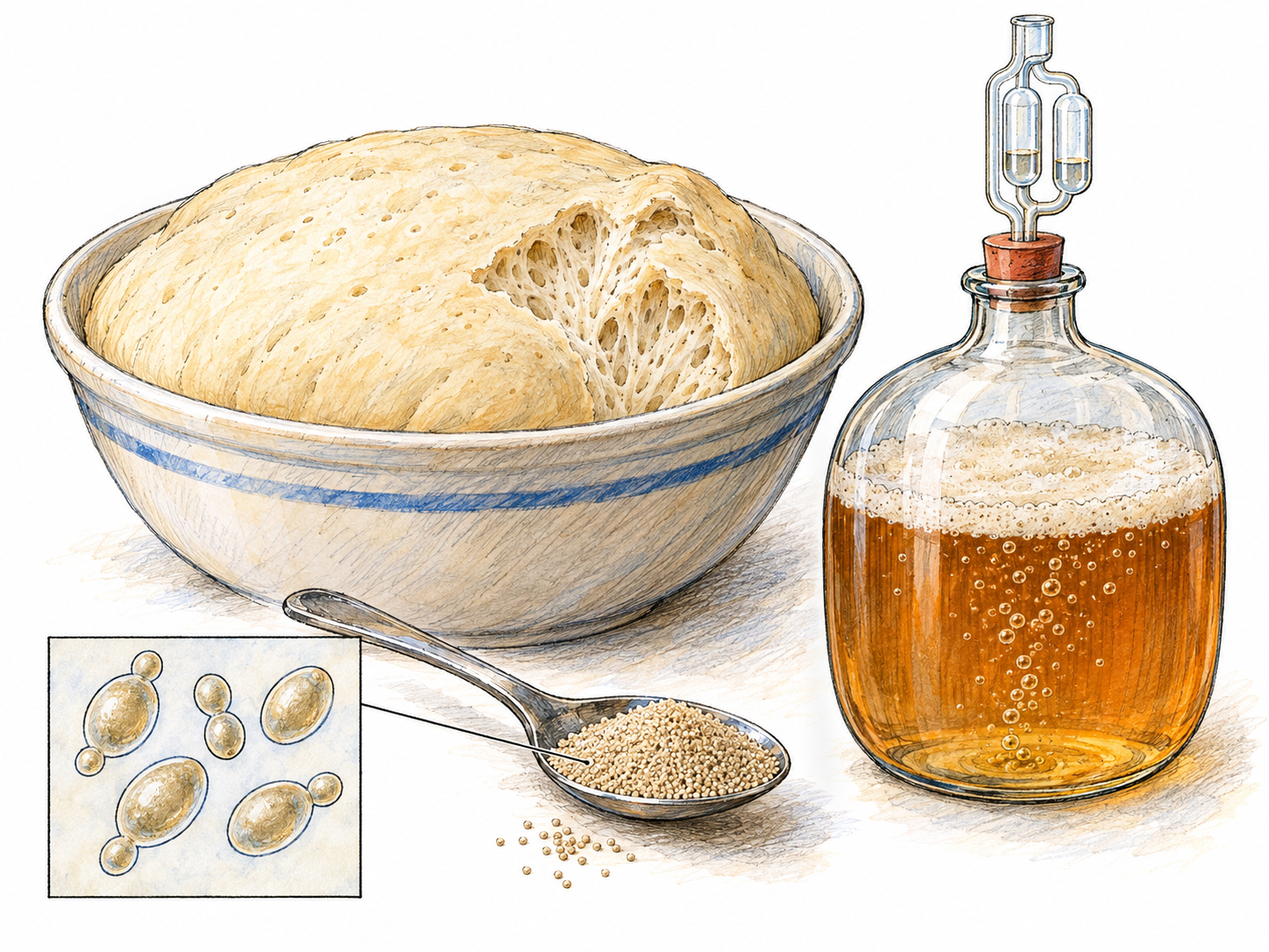 Baker’s yeast shown as a small mound of tan granules beside airy risen dough and a bubbling fermentation vessel, with a small rectangular magnified detail showing oval budding yeast cells.