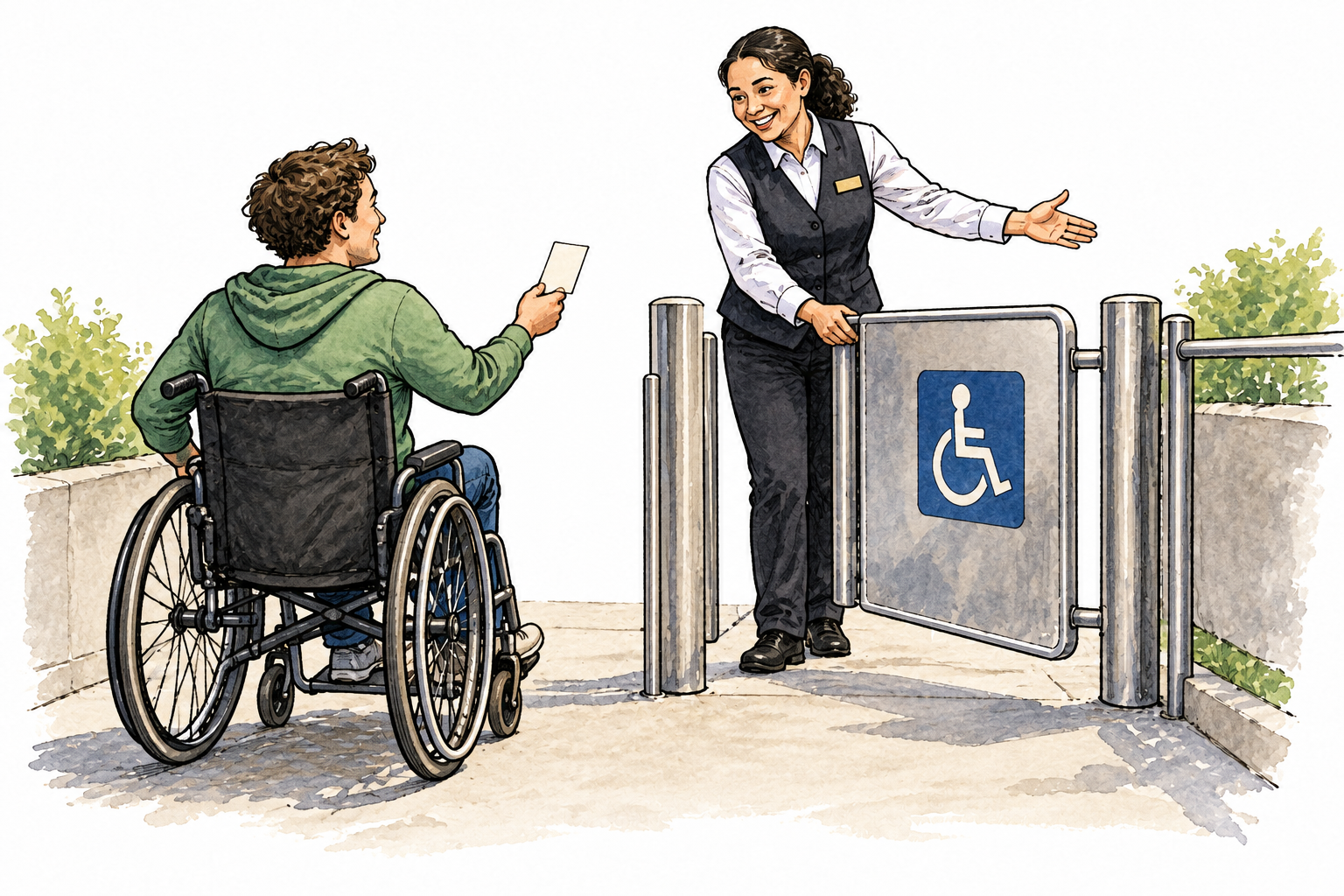 Wheelchair user presents a plain admission pass and usher opens accessible entry gate to welcome them; official permission conveyed with gesture, no text.