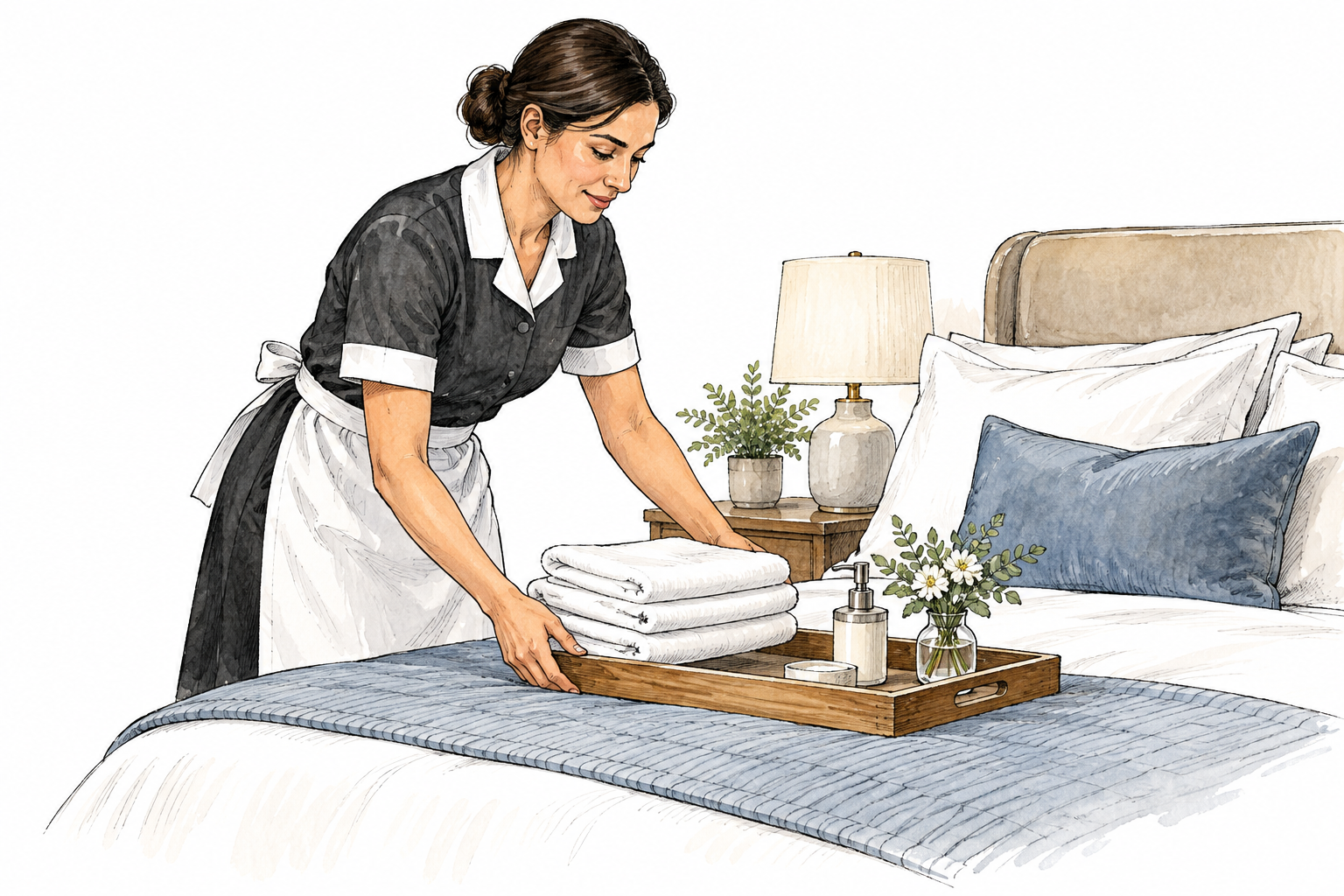 A modern household employee arranging clean linens and a tray in a home, respectful realistic work scene.