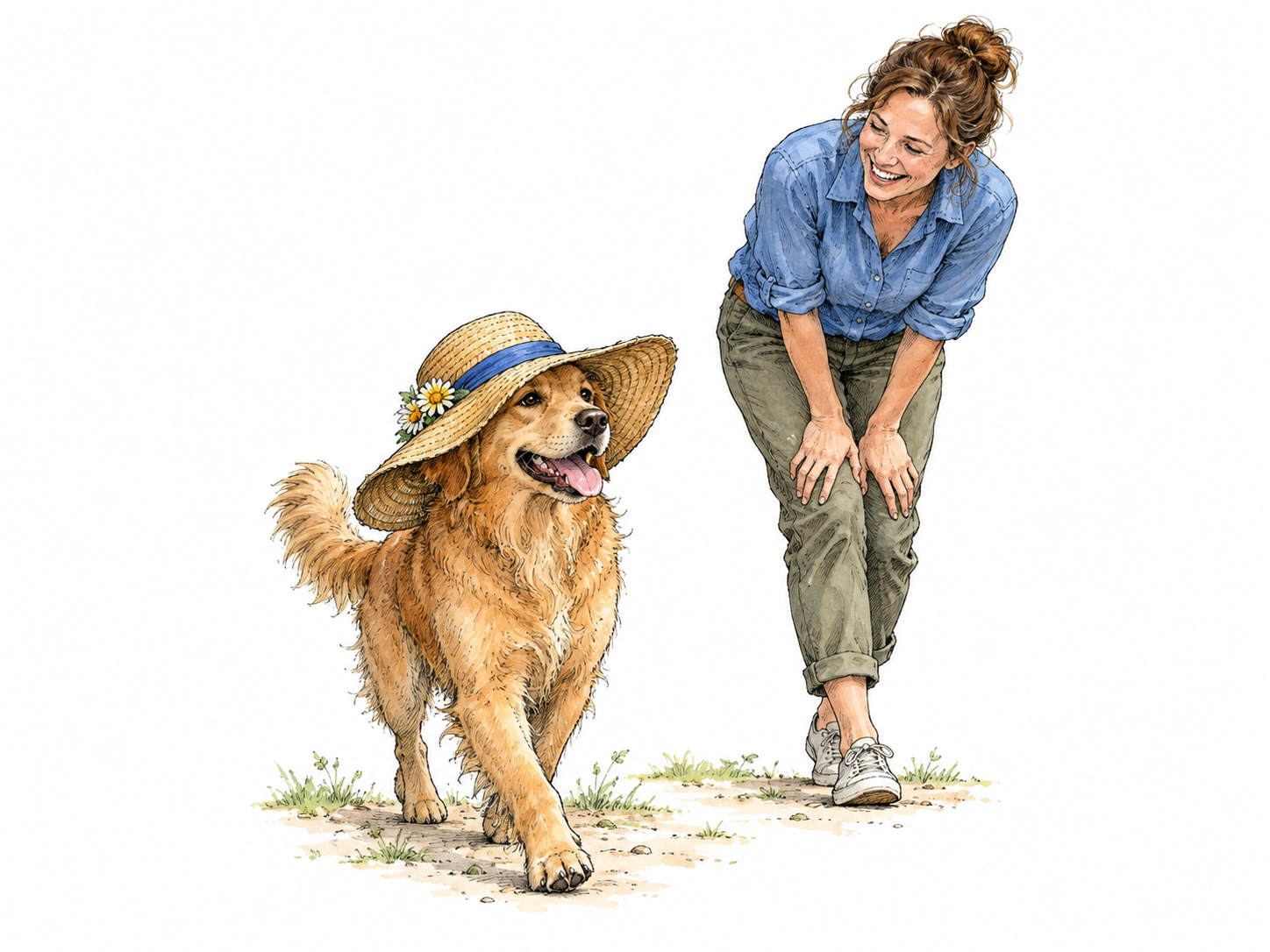 A dog trots proudly with an oversized floppy sunhat balanced crookedly on its head while an adult owner laughs at the funny sight.