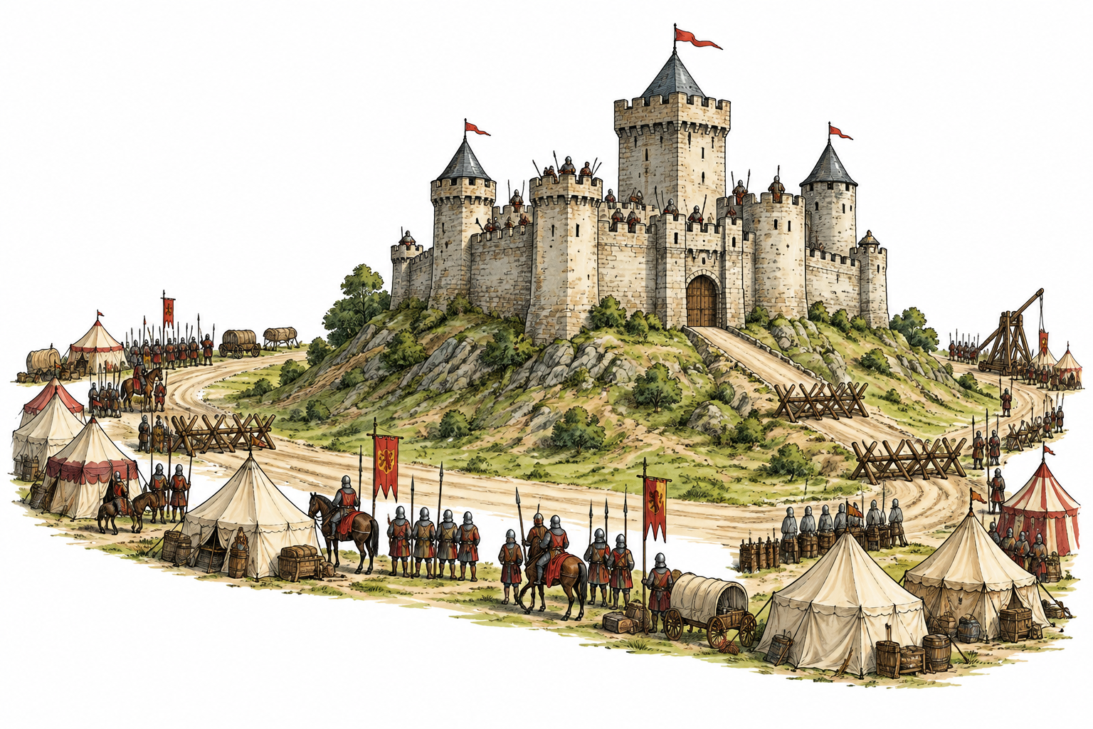 Distant medieval walled castle surrounded by encircling tents and troops blocking roads and gates, non-graphic strategic scene.