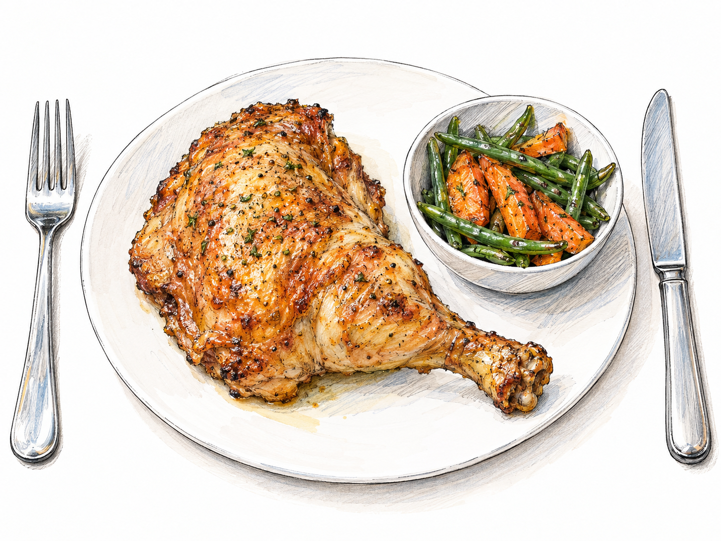 A main serving of roast chicken accompanied by a smaller side dish of vegetables, arranged together as one meal.