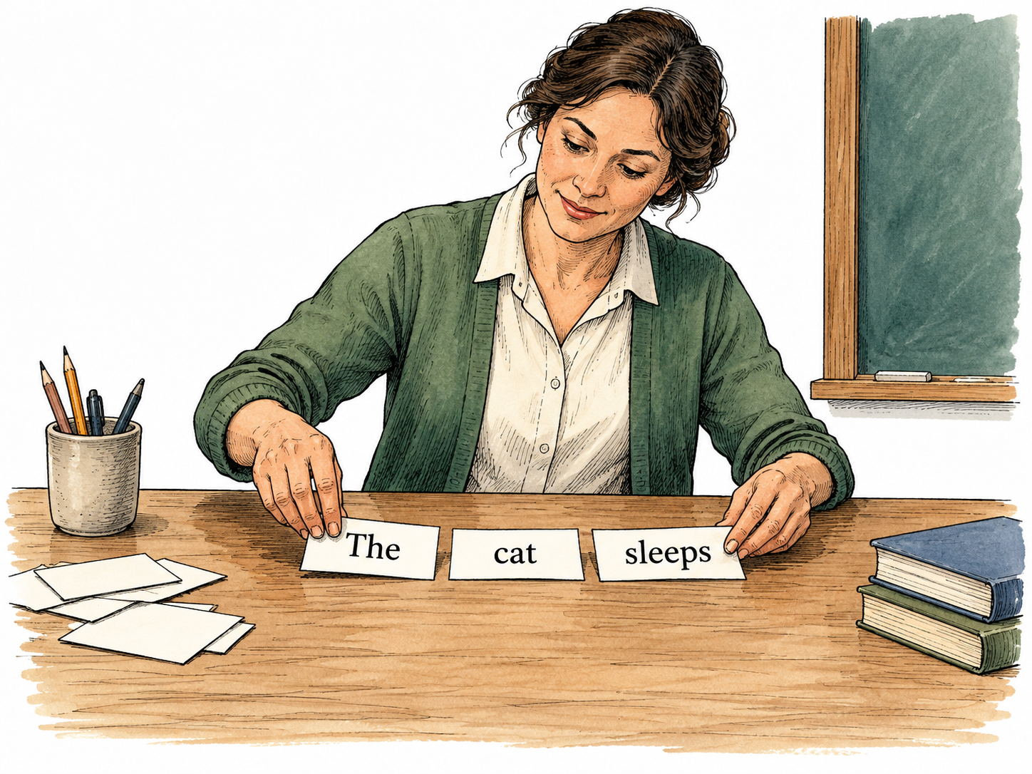 Teacher arranges word cards The cat sleeps into one correct sentence.