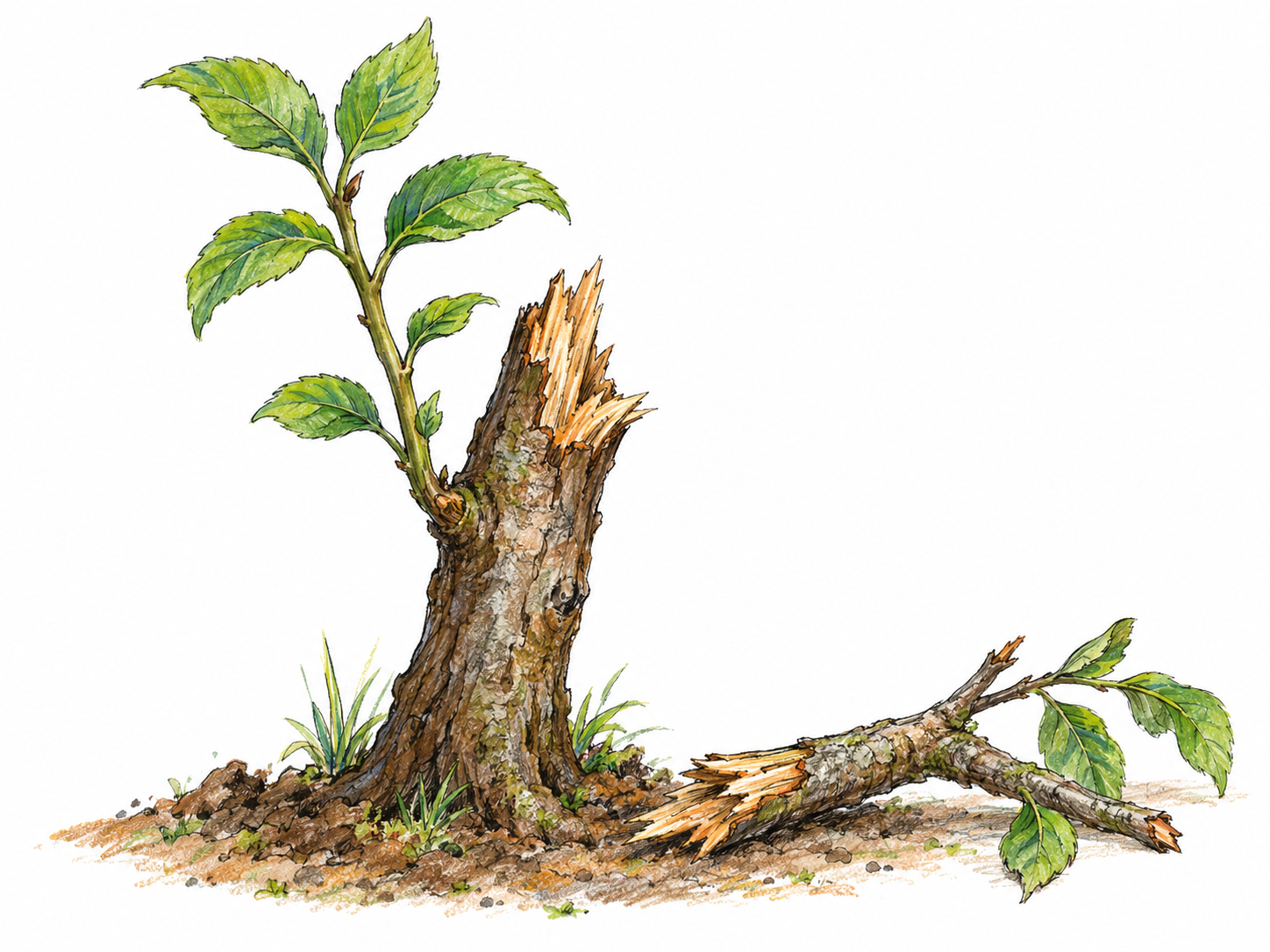 A small living tree with a storm-snapped main stem has produced a vigorous new leafy shoot below the break, making recovery after damage visible in one simple scene.